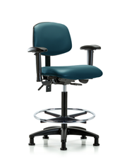 Rutledge Vinyl Chair - High Bench Height with Adjustable Arms, Chrome Foot Ring, & Stationary Glides in Marine Blue Supernova Vinyl