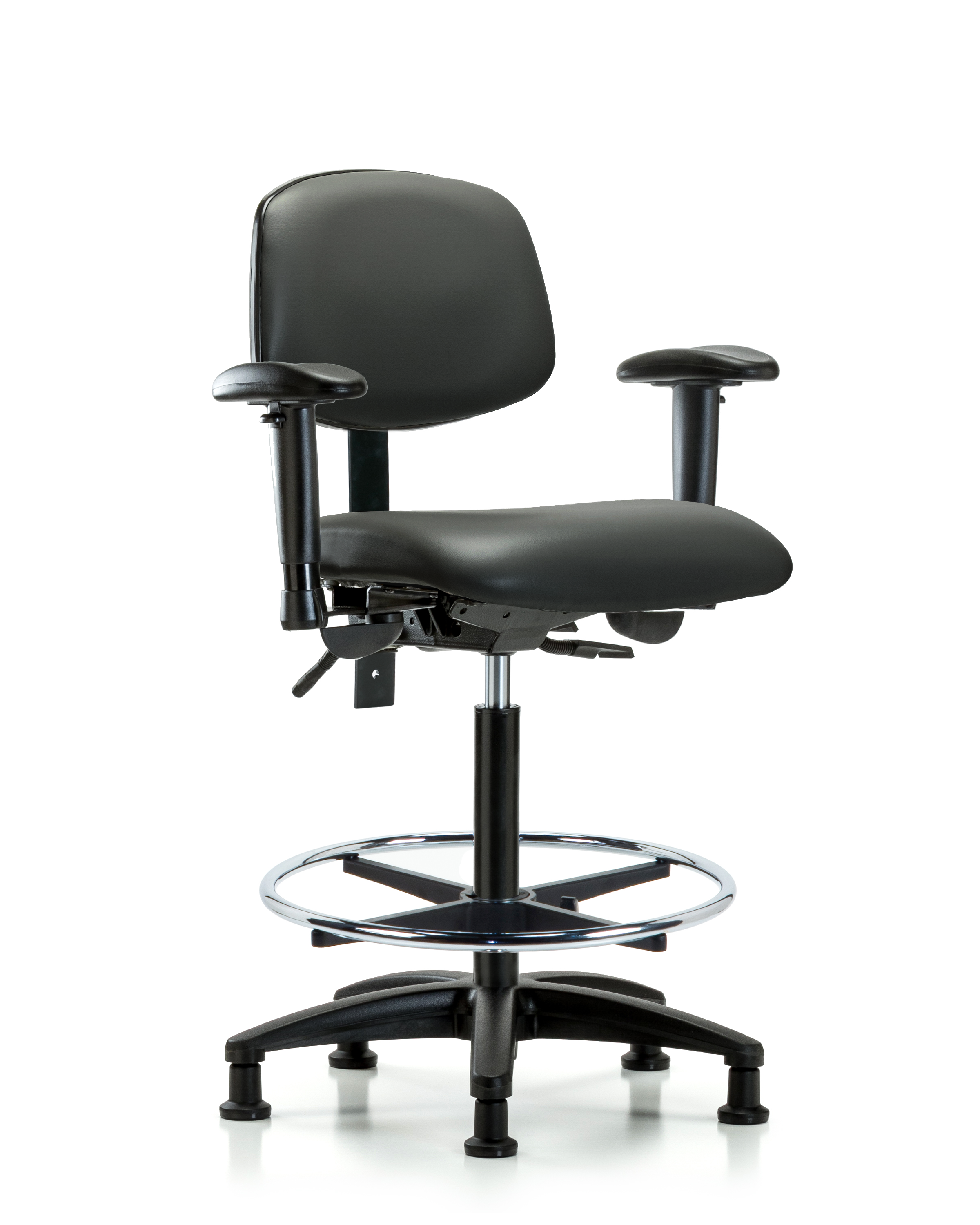 Rutledge Vinyl Chair - High Bench Height with Adjustable Arms, Chrome Foot Ring, & Stationary Glides in Carbon Supernova Vinyl