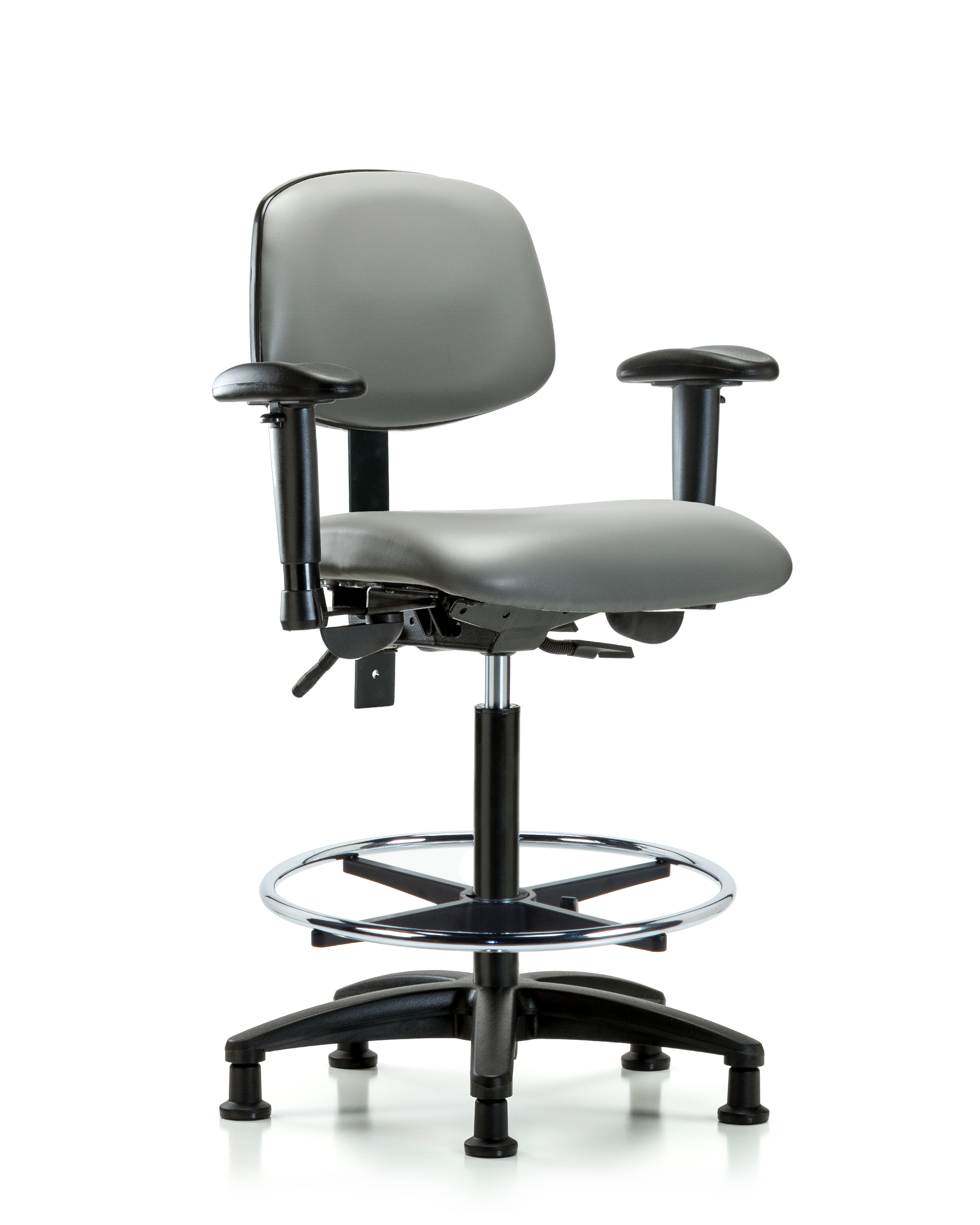 Rutledge Vinyl Chair - High Bench Height with Adjustable Arms, Chrome Foot Ring, & Stationary Glides in Sterling Supernova Vinyl