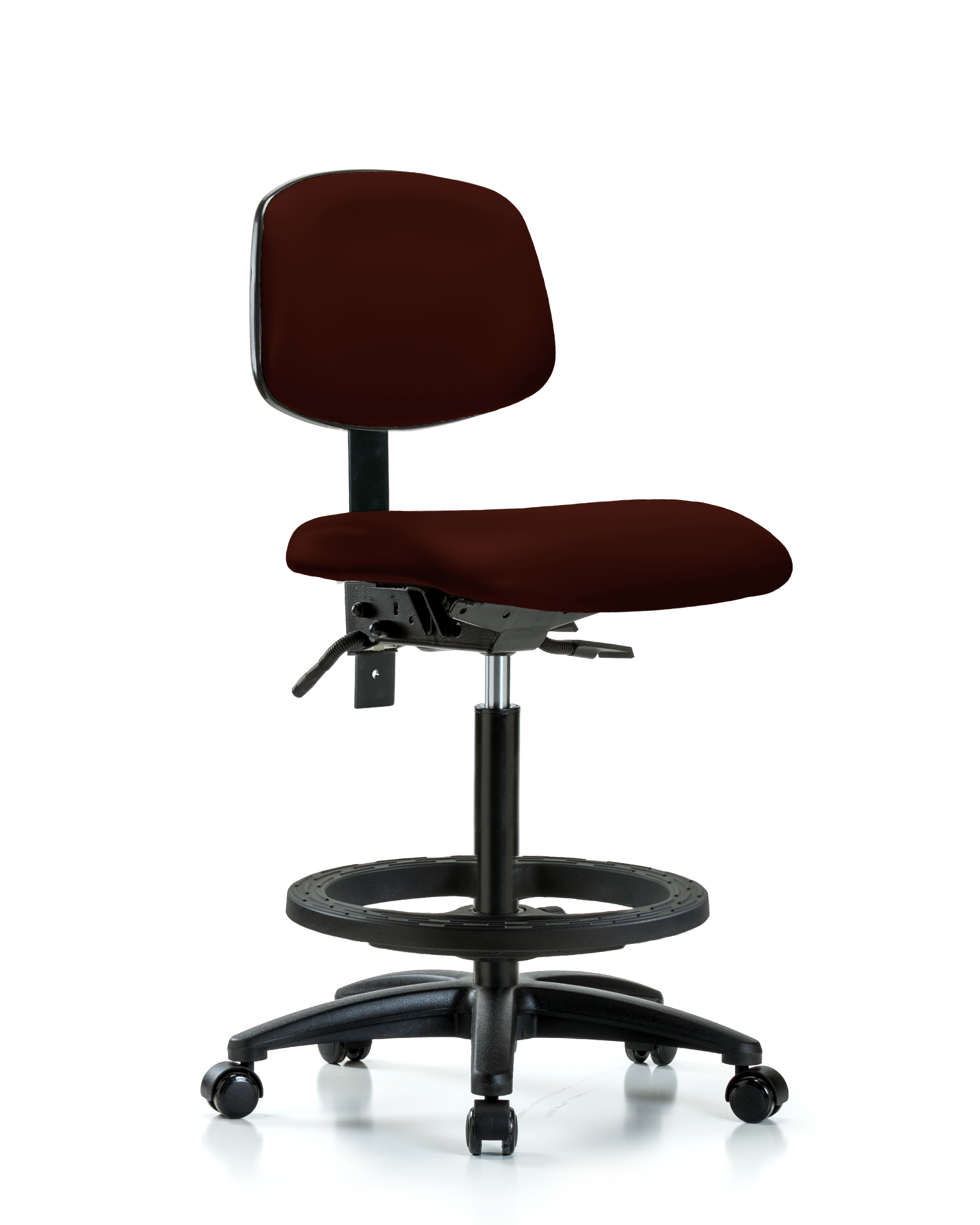 Rutledge Vinyl Chair - High Bench Height with Seat Tilt, Black Foot Ring, & Casters in Burgundy Trailblazer Vinyl