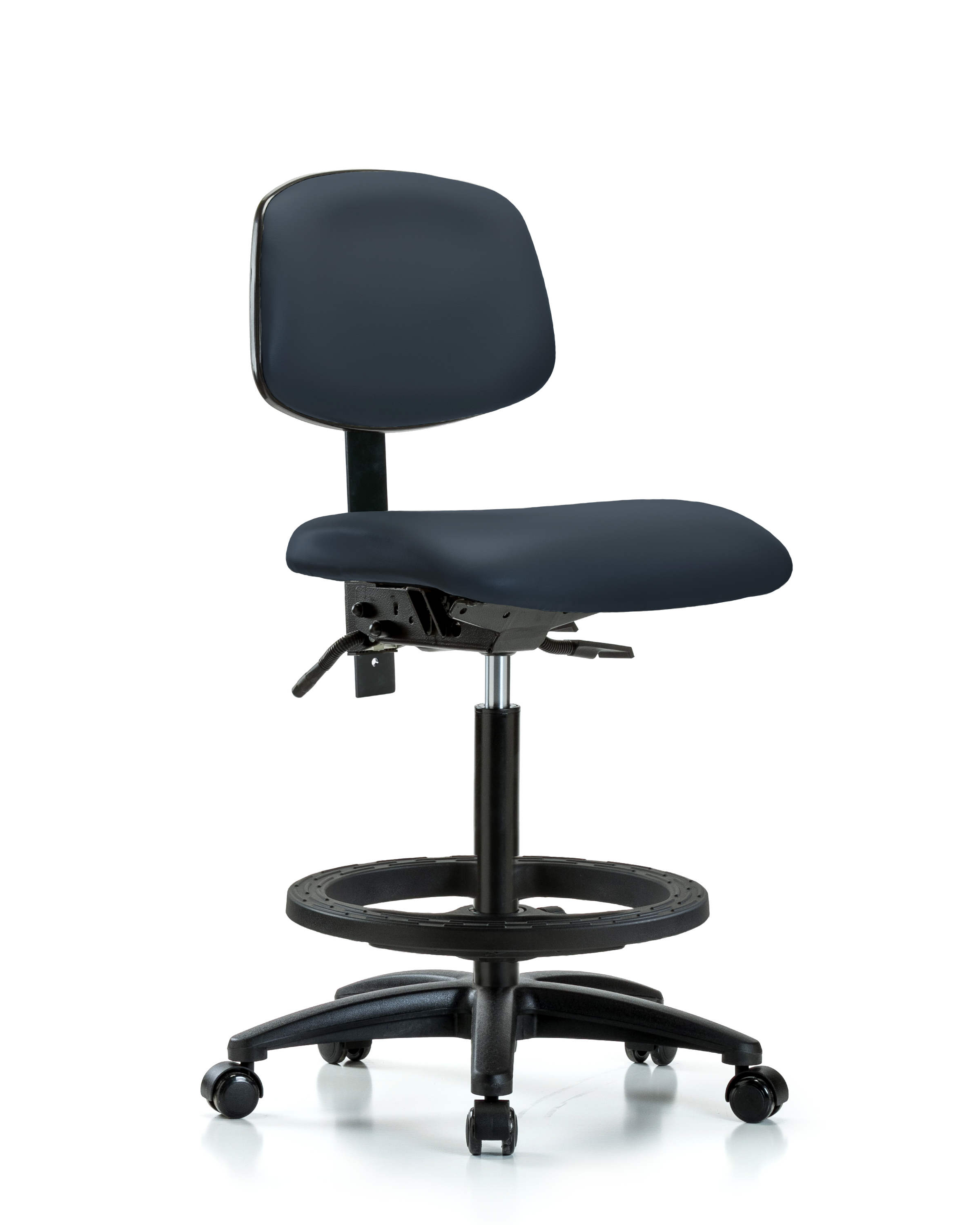 Rutledge Vinyl Chair - High Bench Height with Seat Tilt, Black Foot Ring, & Casters in Imperial Blue Trailblazer Vinyl