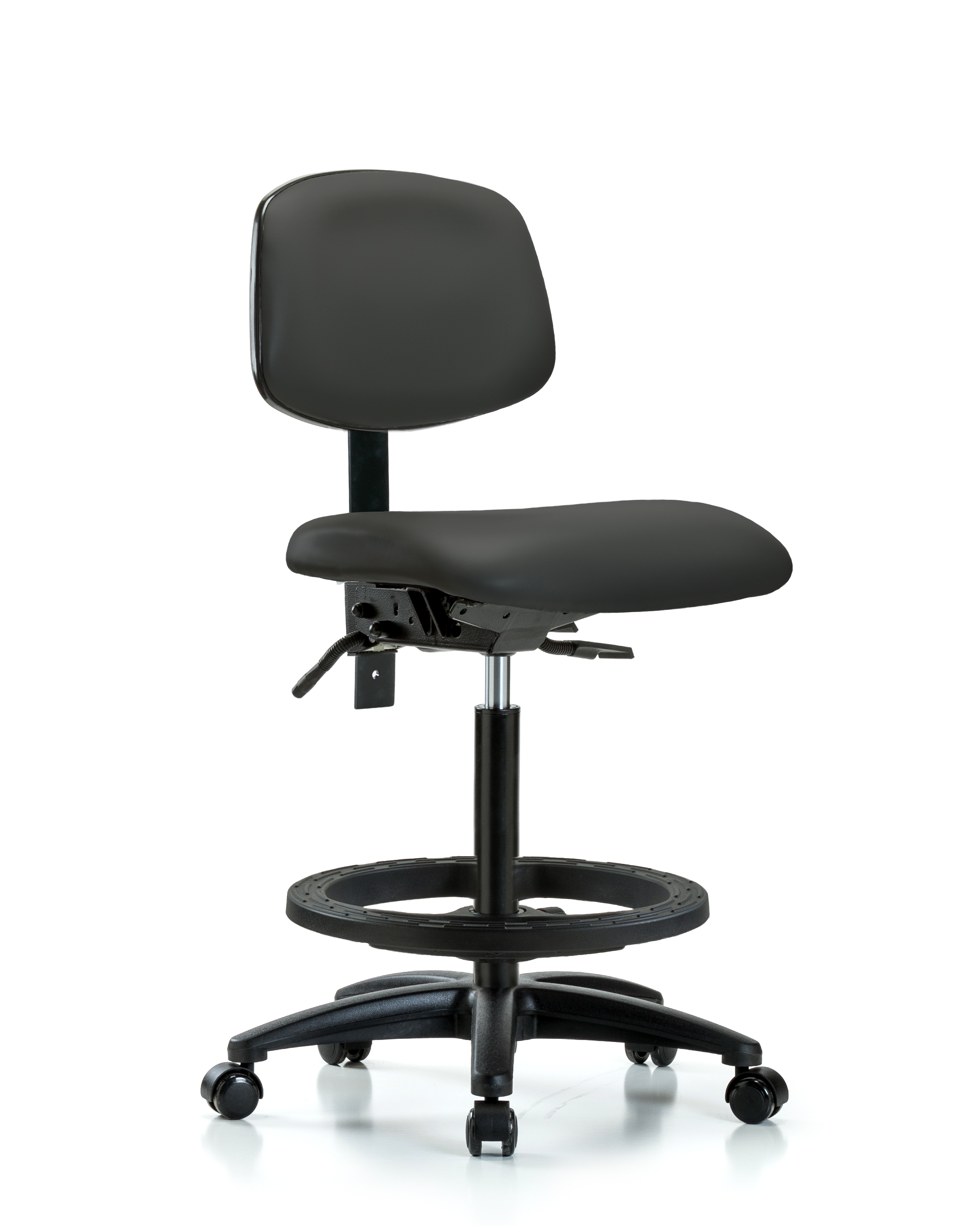 Rutledge Vinyl Chair - High Bench Height with Seat Tilt, Black Foot Ring, & Casters in Charcoal Trailblazer Vinyl