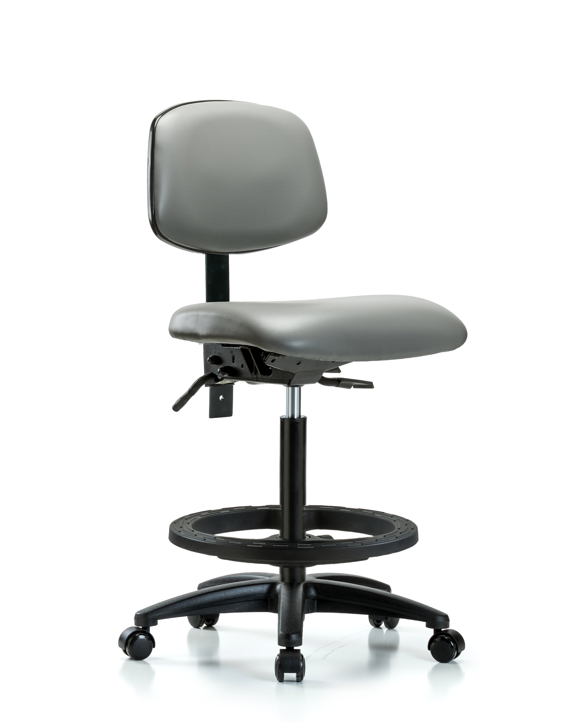 Rutledge Vinyl Chair - High Bench Height with Seat Tilt, Black Foot Ring, & Casters in Sterling Supernova Vinyl