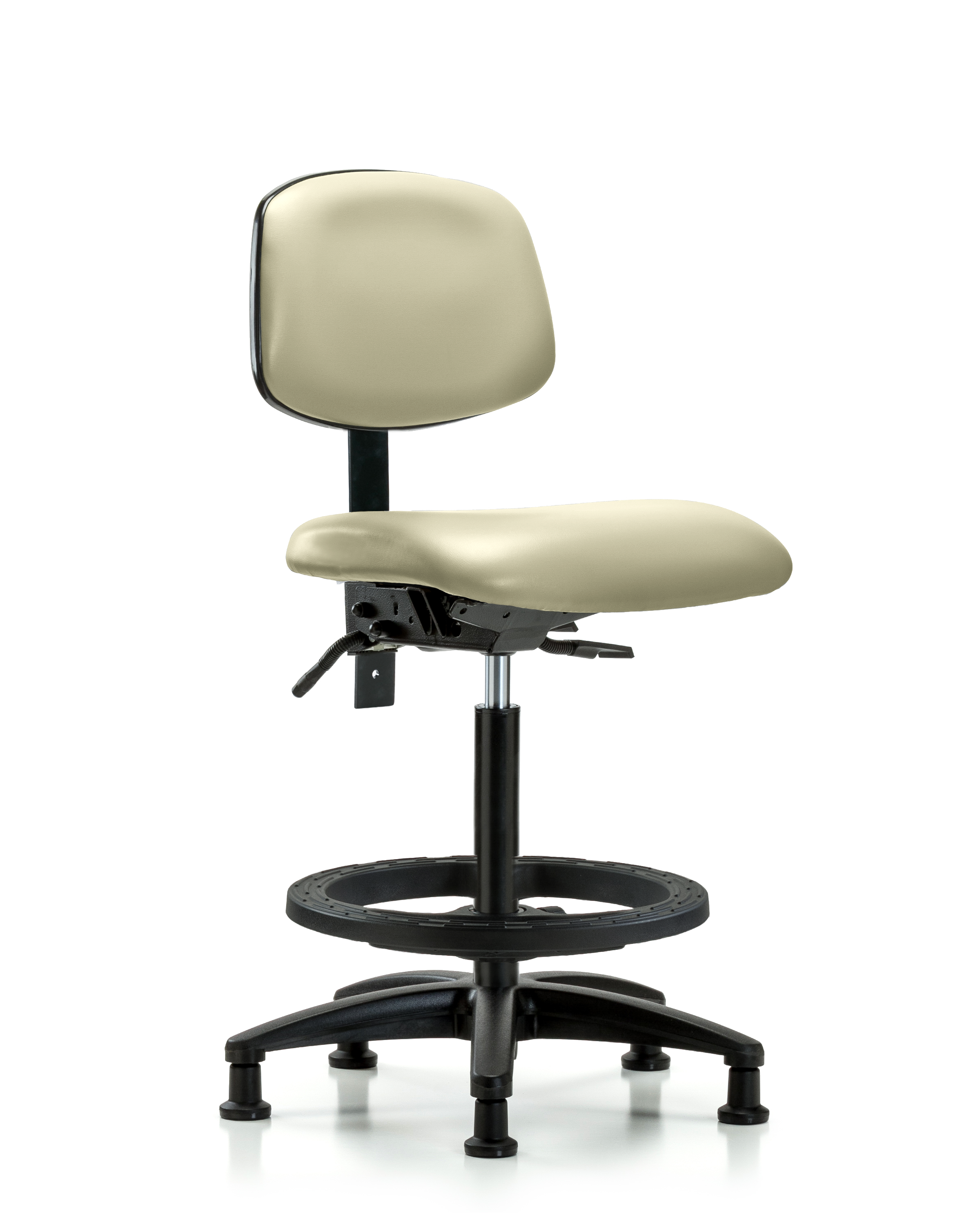 Rutledge Vinyl Chair - High Bench Height with Seat Tilt, Black Foot Ring, & Stationary Glides in Adobe White Trailblazer Vinyl
