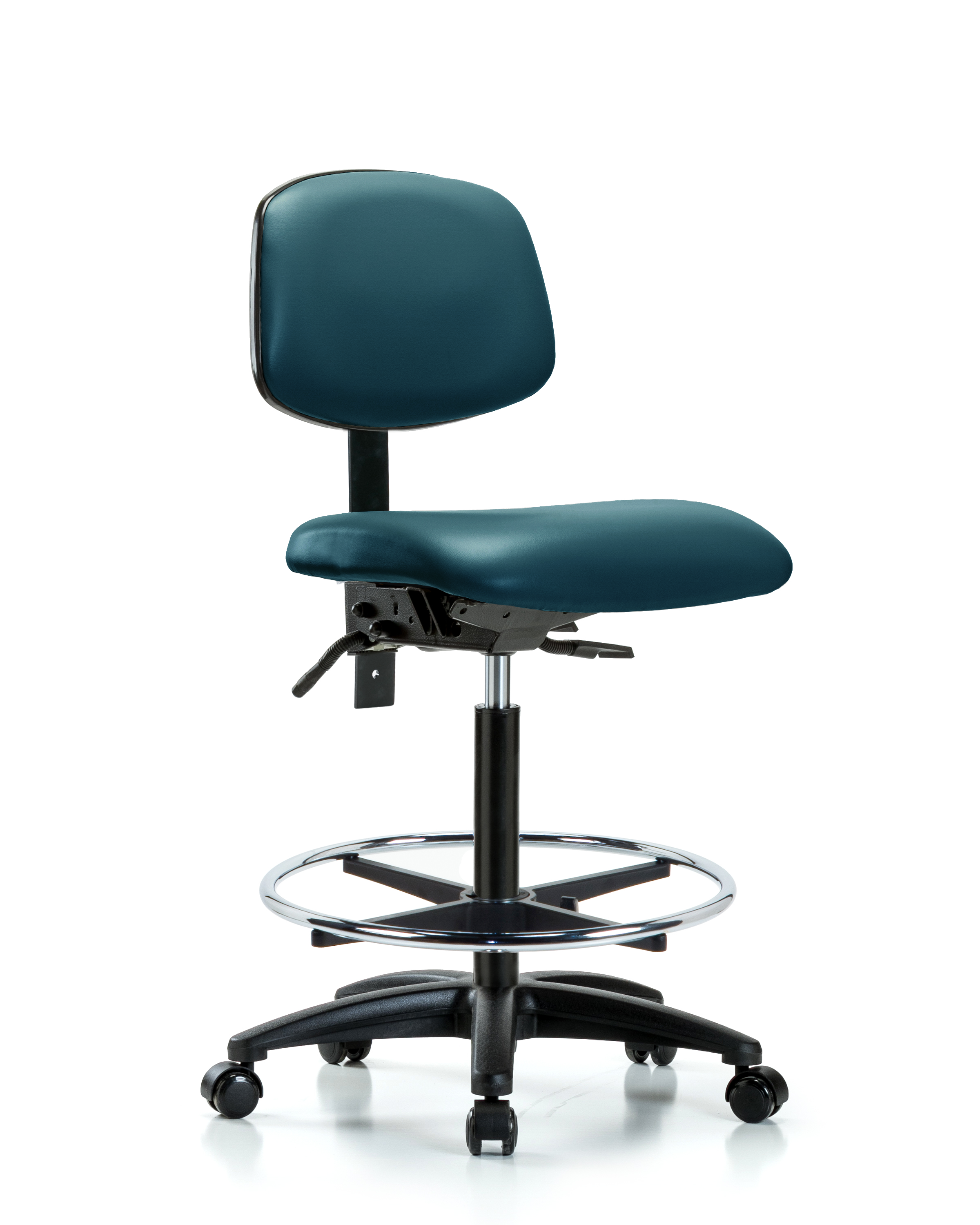 Rutledge Vinyl Chair - High Bench Height with Seat Tilt, Chrome Foot Ring, & Casters in Marine Blue Supernova Vinyl