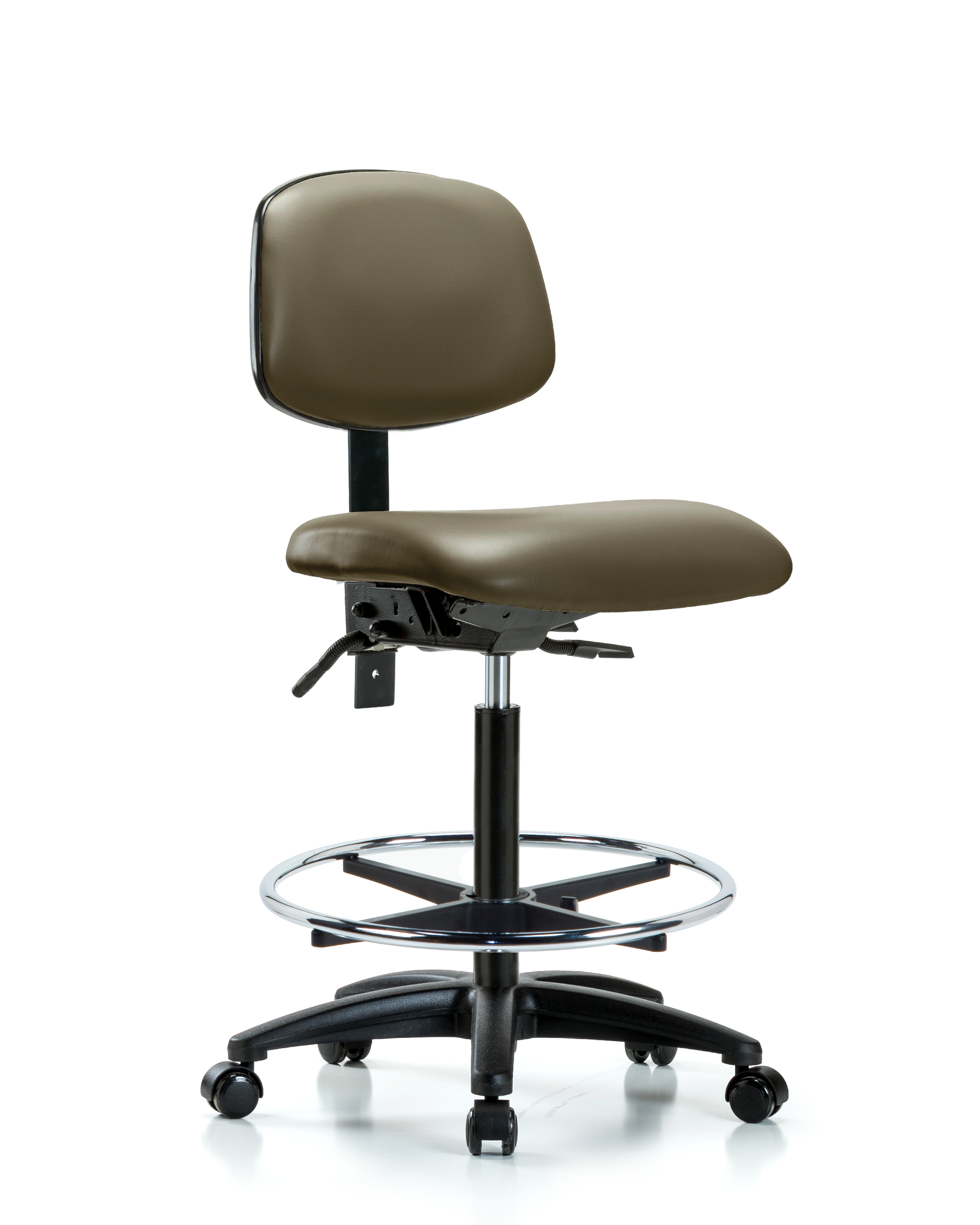 Rutledge Vinyl Chair - High Bench Height with Seat Tilt, Chrome Foot Ring, & Casters in Taupe Supernova Vinyl