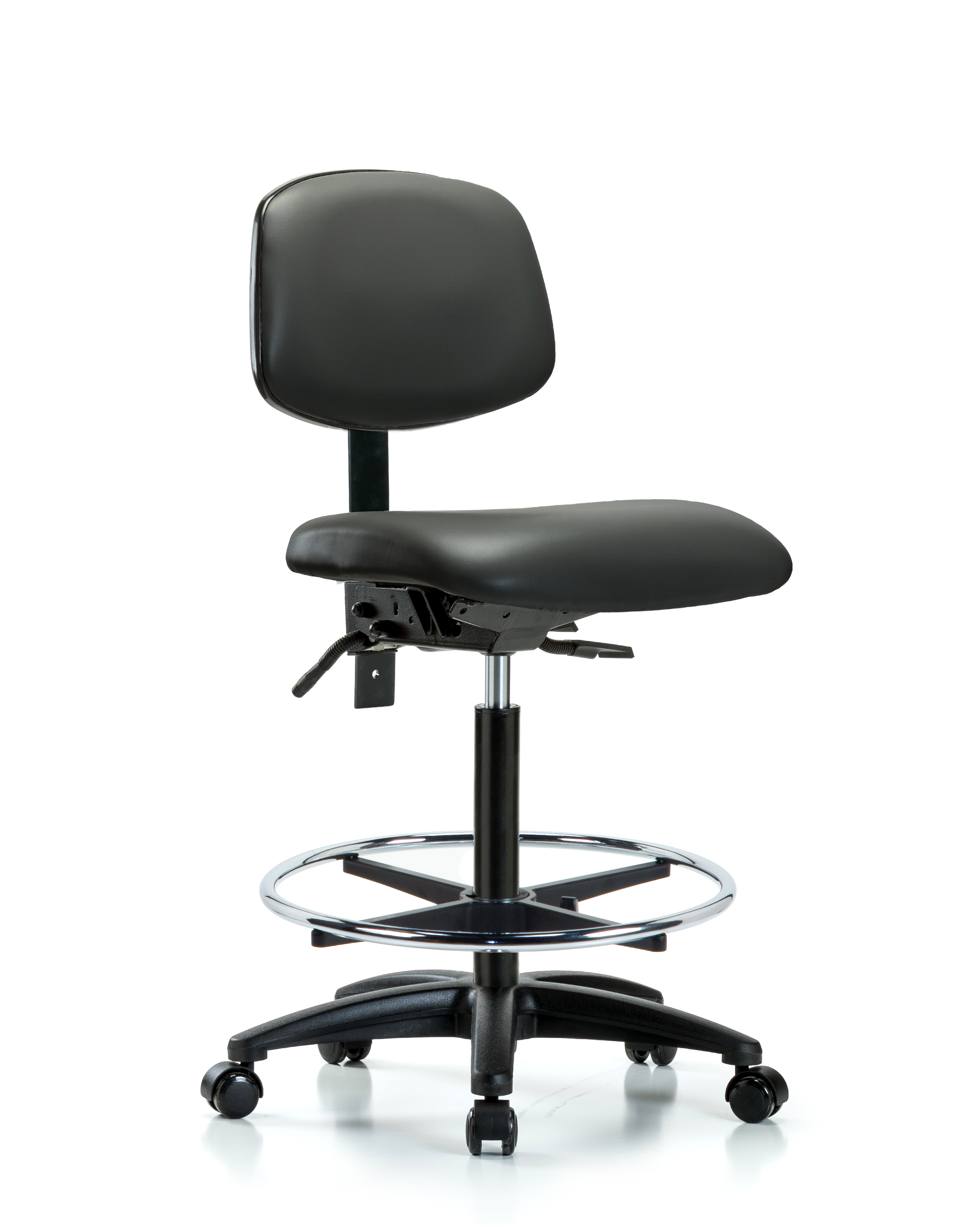 Rutledge Vinyl Chair - High Bench Height with Seat Tilt, Chrome Foot Ring, & Casters in Carbon Supernova Vinyl