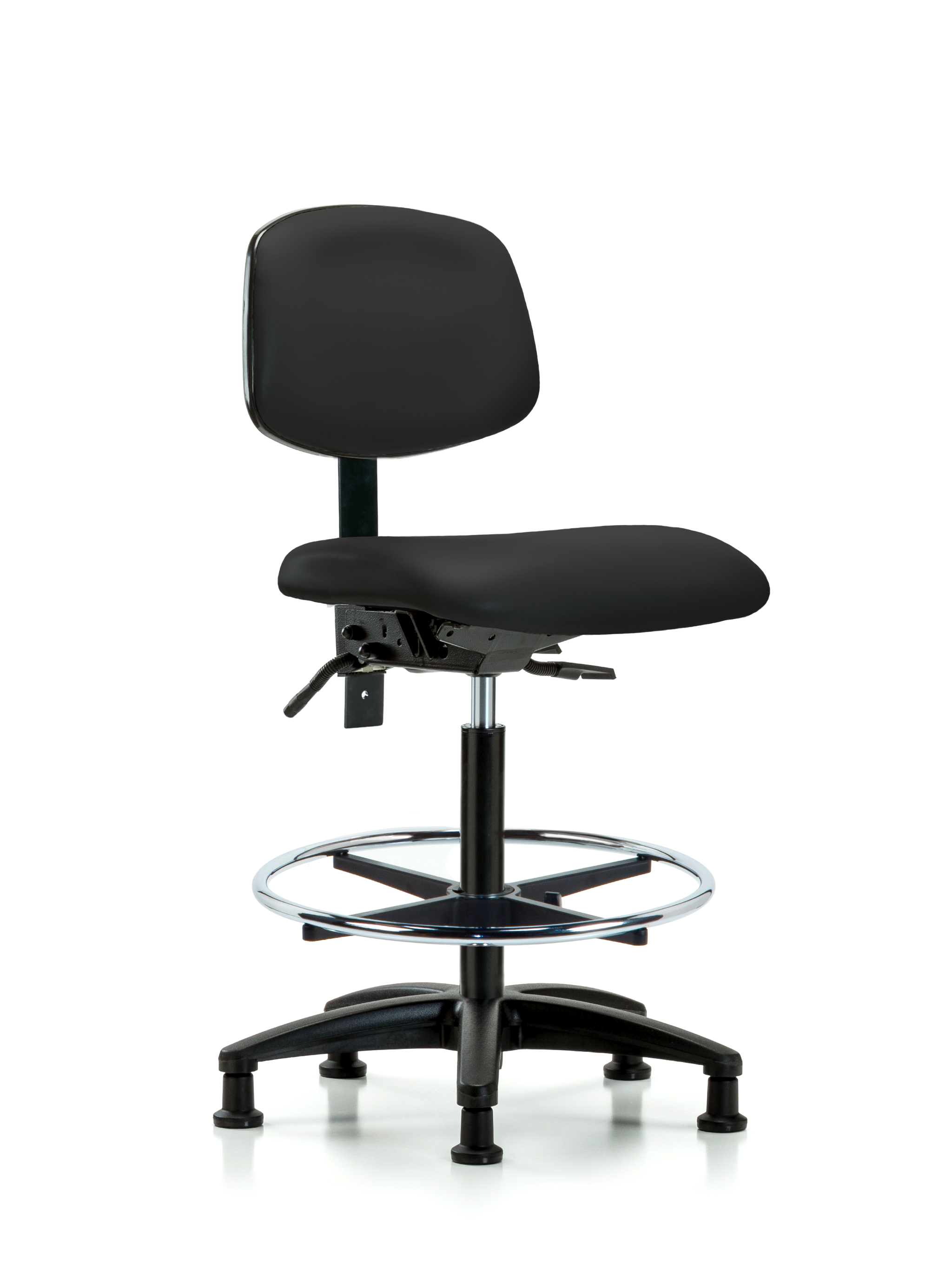Rutledge Vinyl Chair - High Bench Height with Seat Tilt, Chrome Foot Ring, & Stationary Glides in Black Trailblazer Vinyl