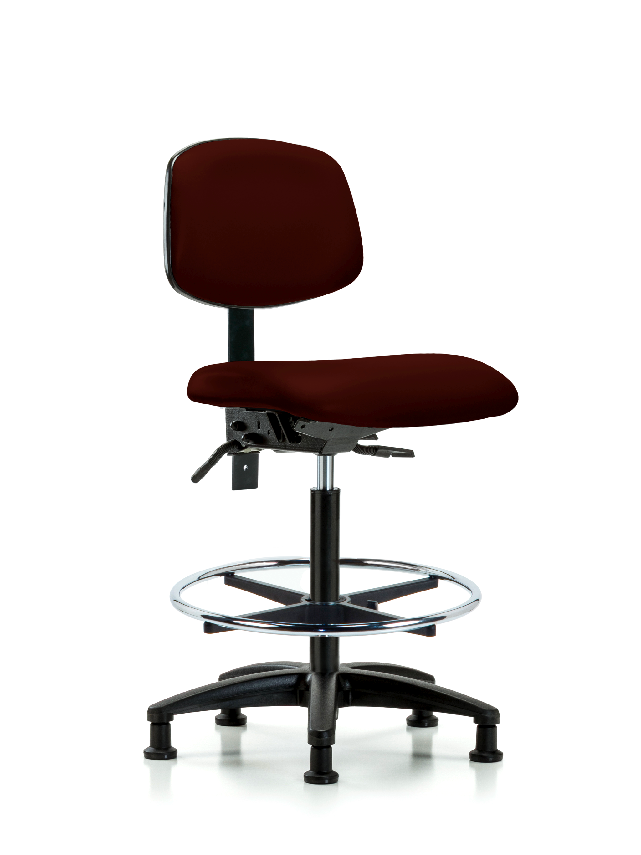 Rutledge Vinyl Chair - High Bench Height with Seat Tilt, Chrome Foot Ring, & Stationary Glides in Burgundy Trailblazer Vinyl