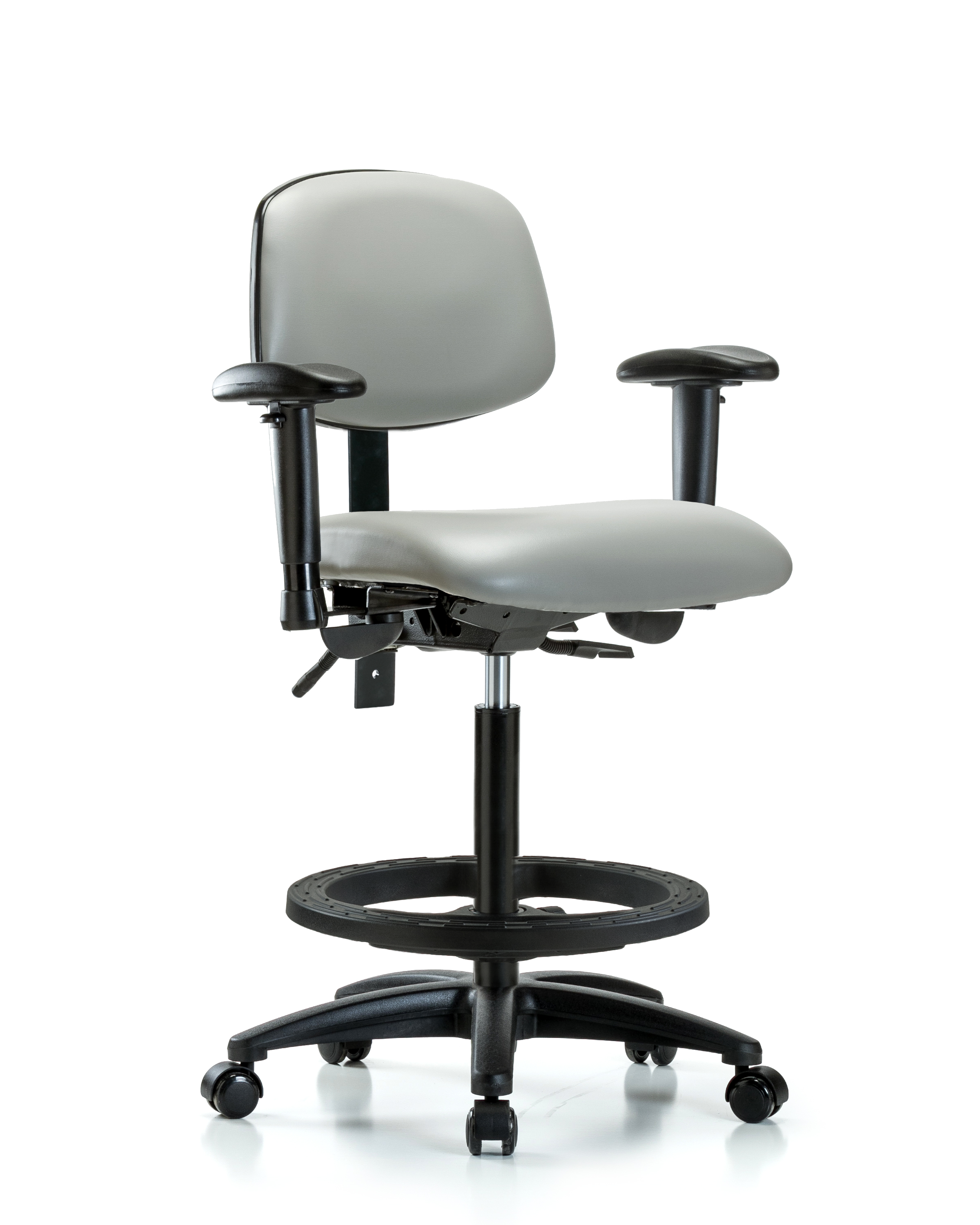 Rutledge Vinyl Chair - High Bench Height with Seat Tilt, Adjustable Arms, Black Foot Ring, & Casters in Dove Trailblazer Vinyl