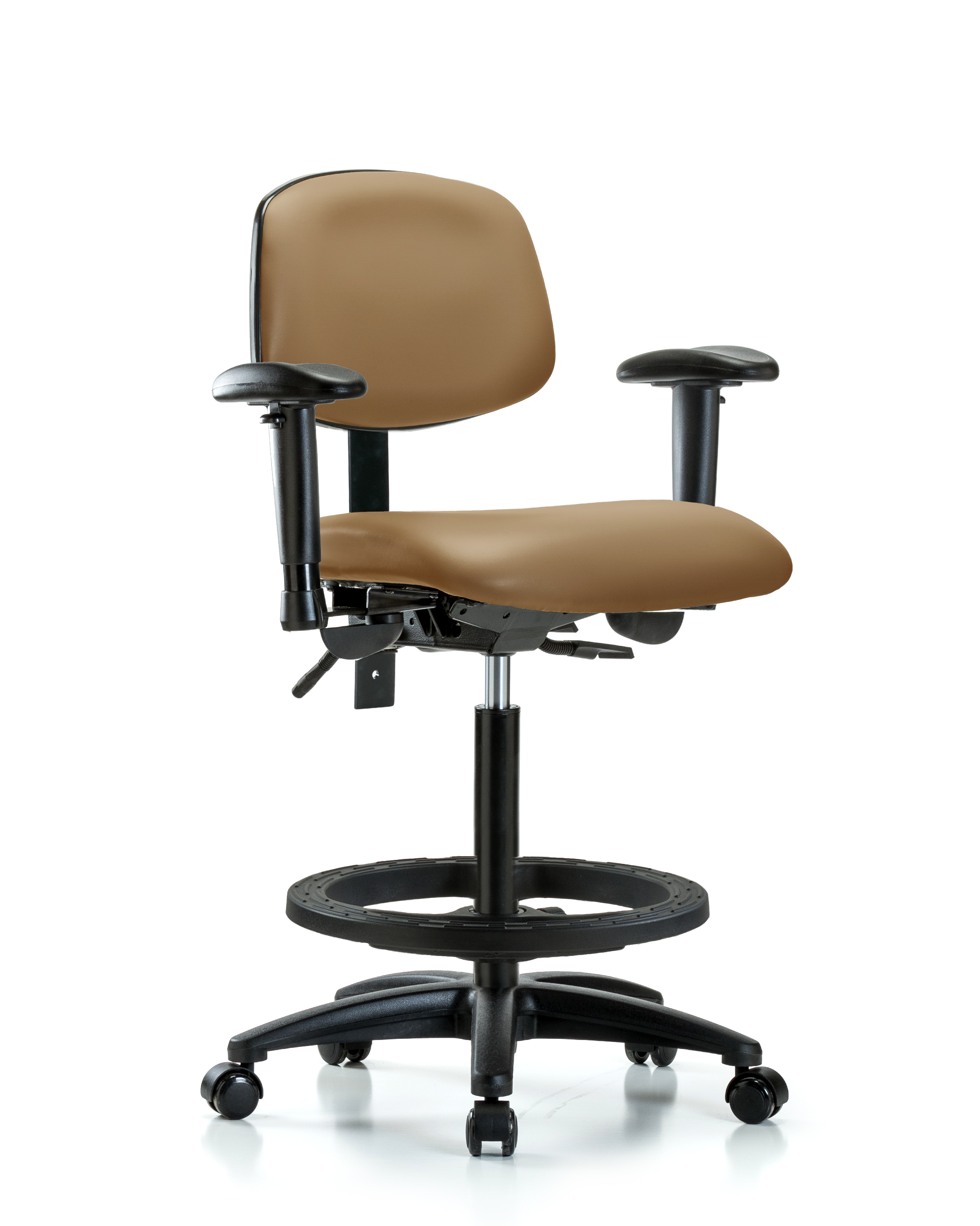 Rutledge Vinyl Chair - High Bench Height with Seat Tilt, Adjustable Arms, Black Foot Ring, & Casters in Taupe Trailblazer Vinyl