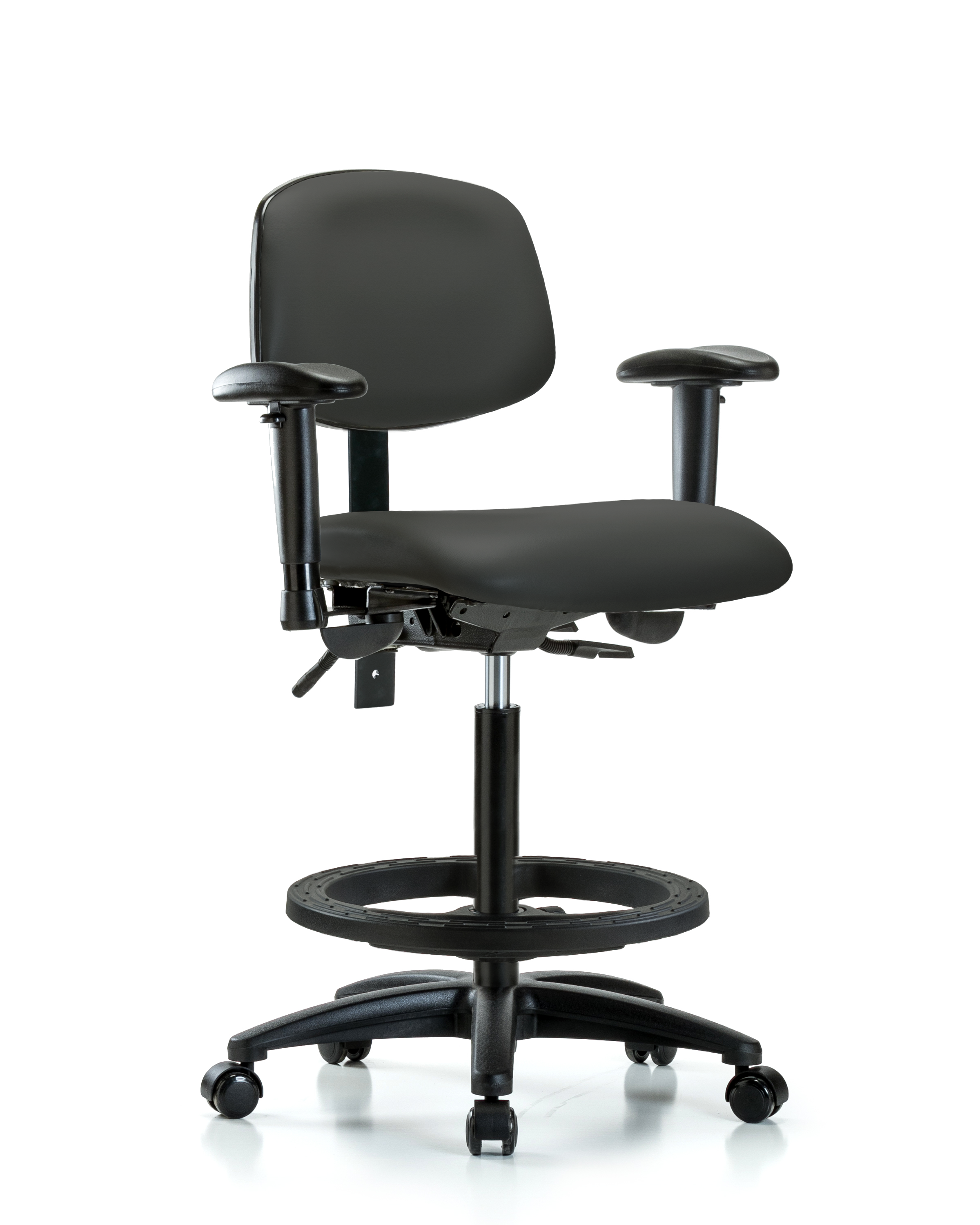 Rutledge Vinyl Chair - High Bench Height with Seat Tilt, Adjustable Arms, Black Foot Ring, & Casters in Charcoal Trailblazer Vinyl