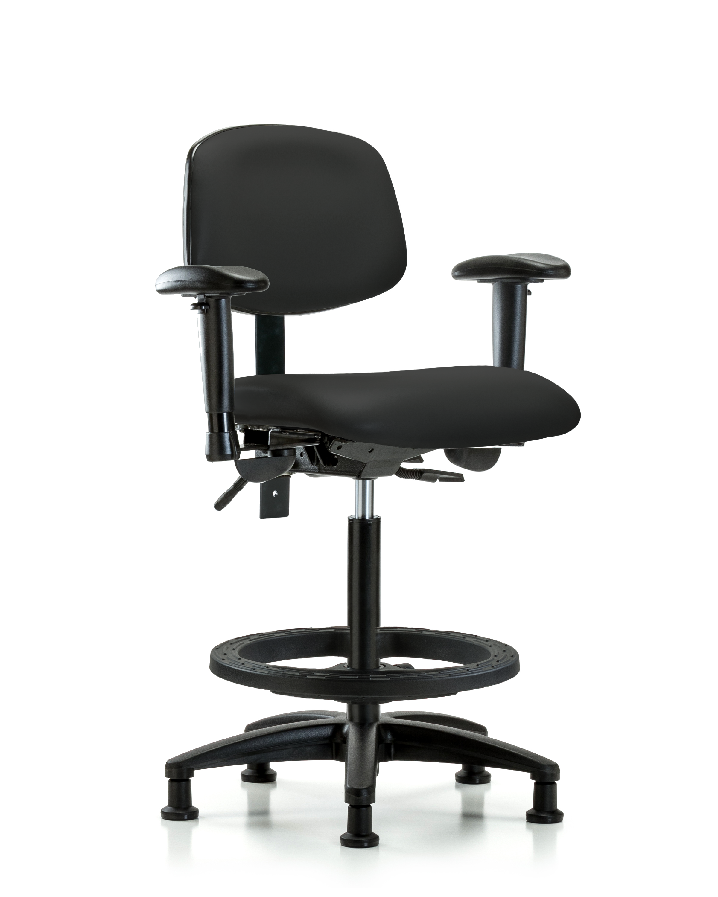Rutledge Vinyl Chair - High Bench Height with Seat Tilt, Adjustable Arms, Black Foot Ring, & Stationary Glides in Black Trailblazer Vinyl