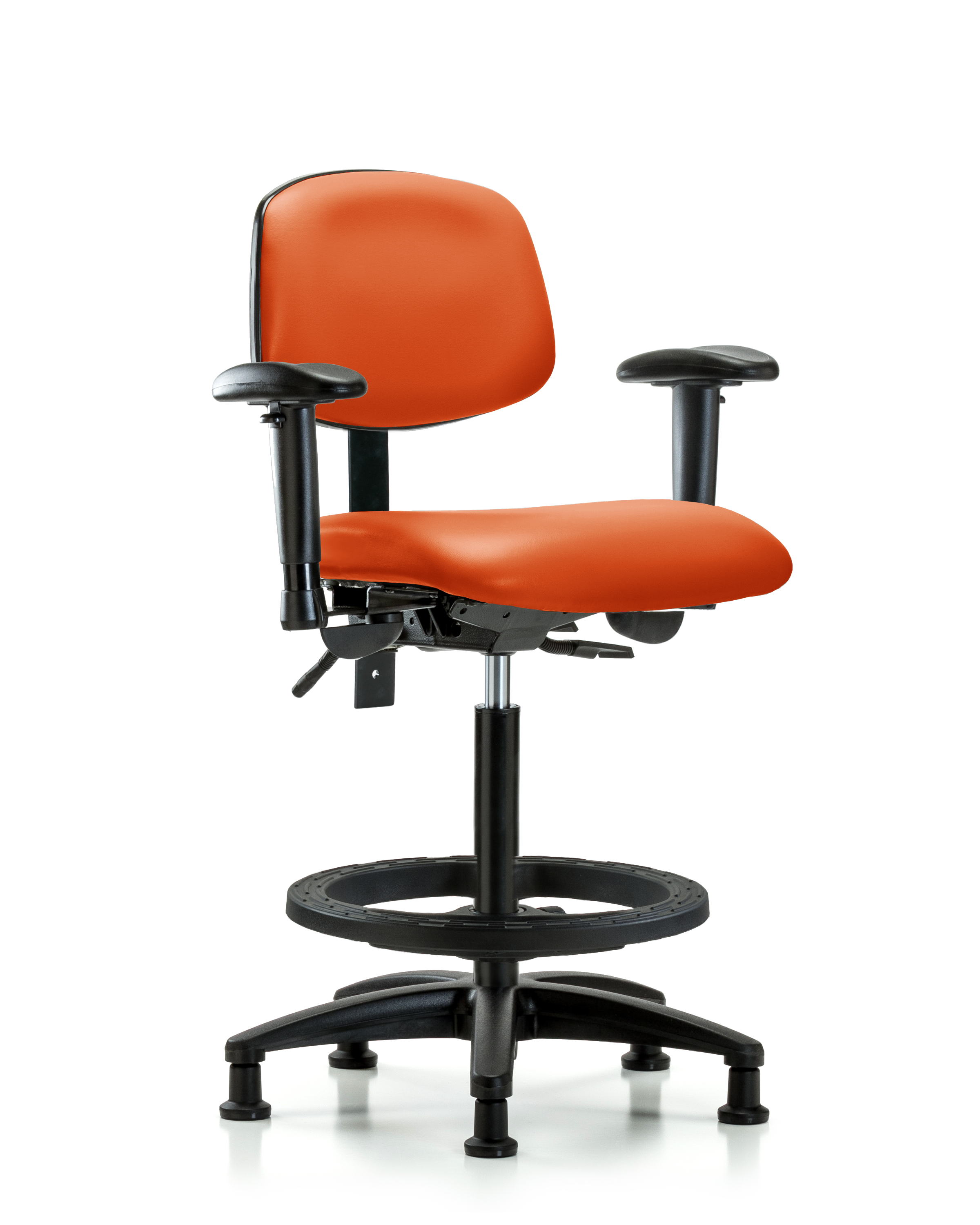Rutledge Vinyl Chair - High Bench Height with Seat Tilt, Adjustable Arms, Black Foot Ring, & Stationary Glides in Orange Kist Trailblazer Vinyl