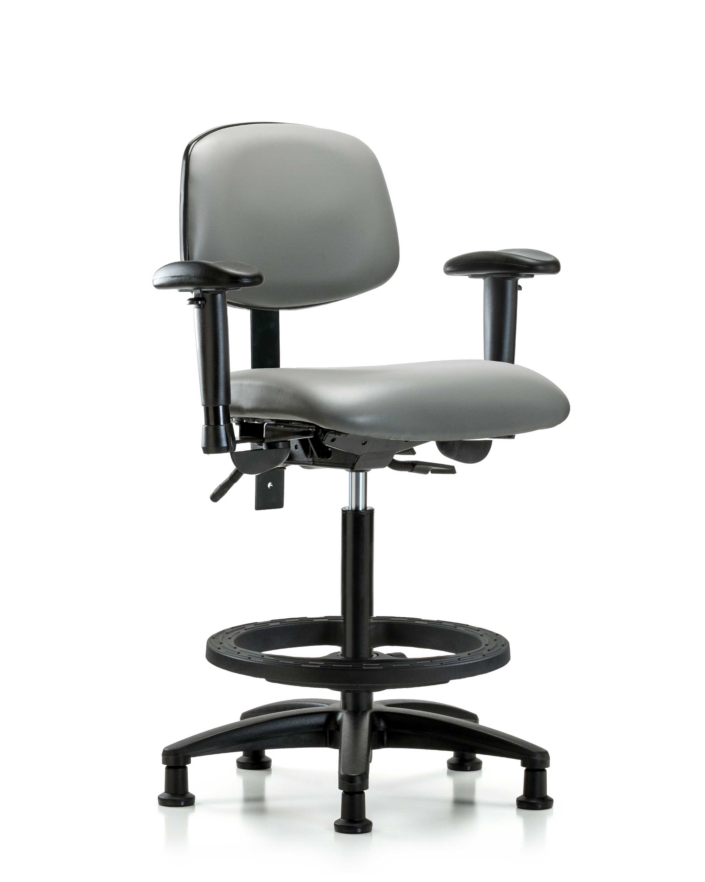 Rutledge Vinyl Chair - High Bench Height with Seat Tilt, Adjustable Arms, Black Foot Ring, & Stationary Glides in Sterling Supernova Vinyl