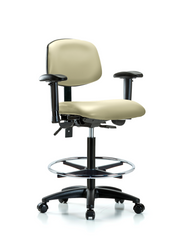 Rutledge Vinyl Chair - High Bench Height with Seat Tilt, Adjustable Arms, Chrome Foot Ring, & Casters in Adobe White Trailblazer Vinyl