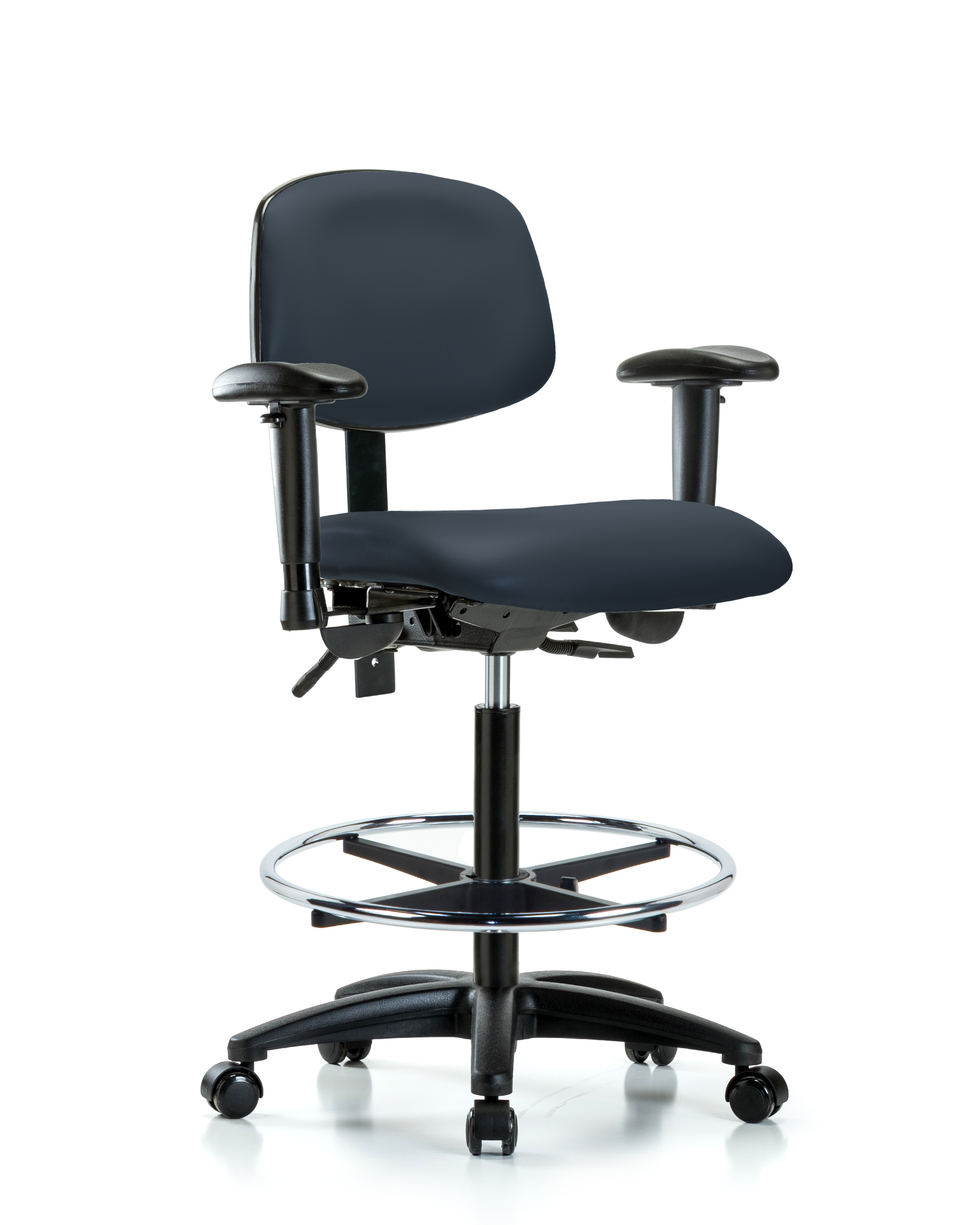 Rutledge Vinyl Chair - High Bench Height with Seat Tilt, Adjustable Arms, Chrome Foot Ring, & Casters in Imperial Blue Trailblazer Vinyl