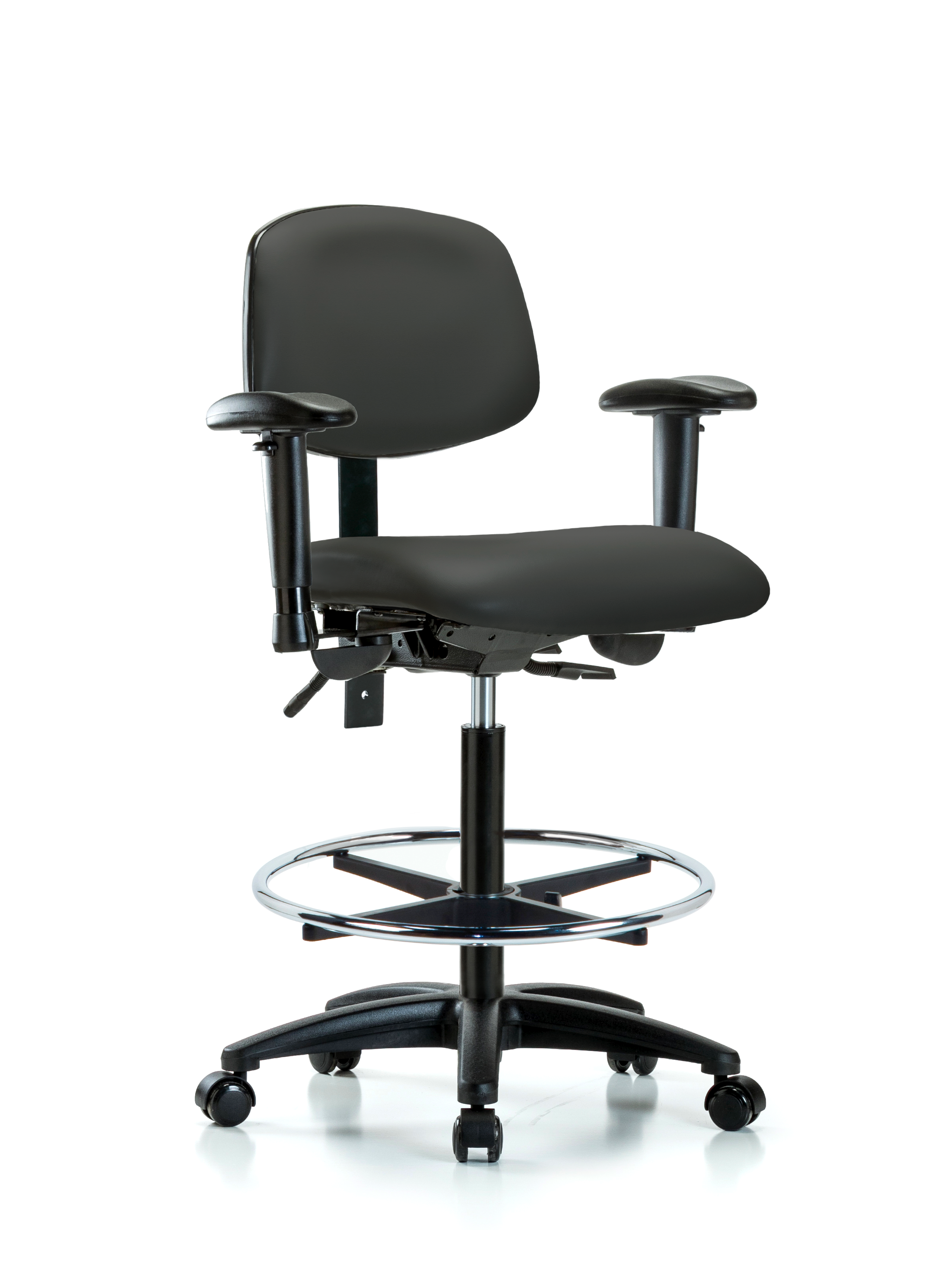 Rutledge Vinyl Chair - High Bench Height with Seat Tilt, Adjustable Arms, Chrome Foot Ring, & Casters in Charcoal Trailblazer Vinyl