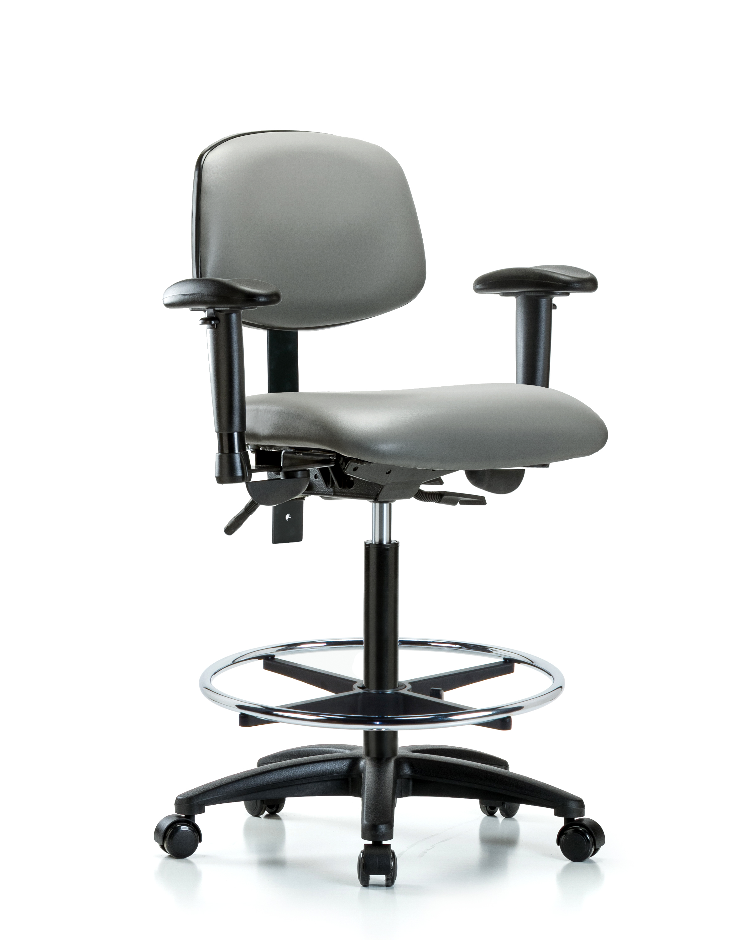 Rutledge Vinyl Chair - High Bench Height with Seat Tilt, Adjustable Arms, Chrome Foot Ring, & Casters in Sterling Supernova Vinyl
