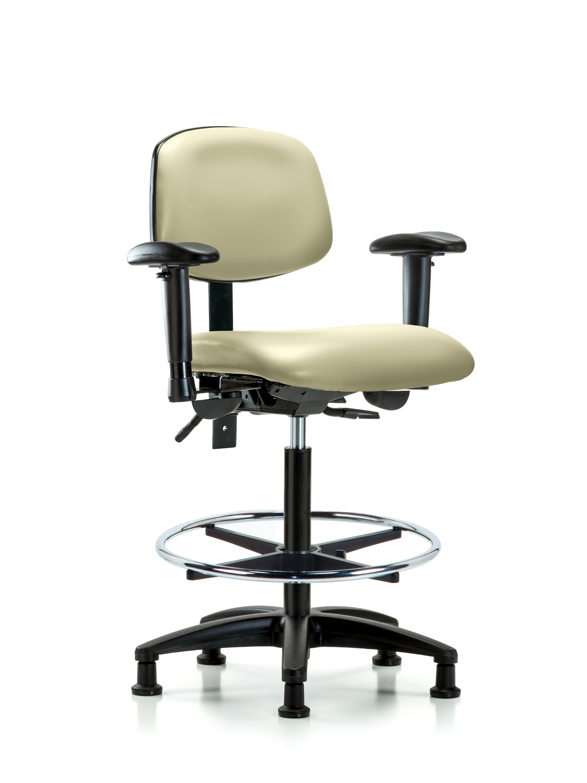 Rutledge Vinyl Chair - High Bench Height with Seat Tilt, Adjustable Arms, Chrome Foot Ring, & Stationary Glides in Adobe White Trailblazer Vinyl