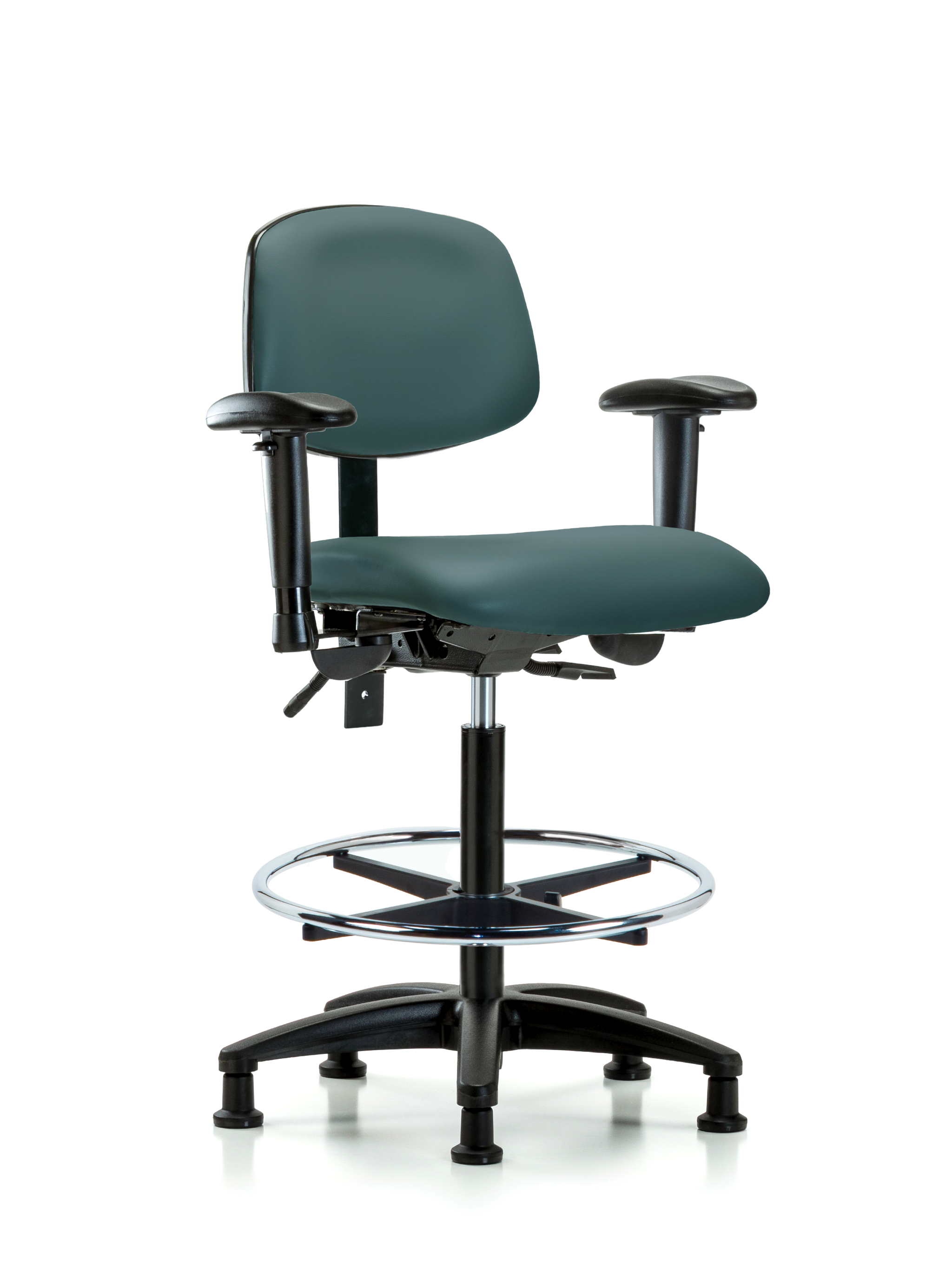 Rutledge Vinyl Chair - High Bench Height with Seat Tilt, Adjustable Arms, Chrome Foot Ring, & Stationary Glides in Colonial Blue Trailblazer Vinyl
