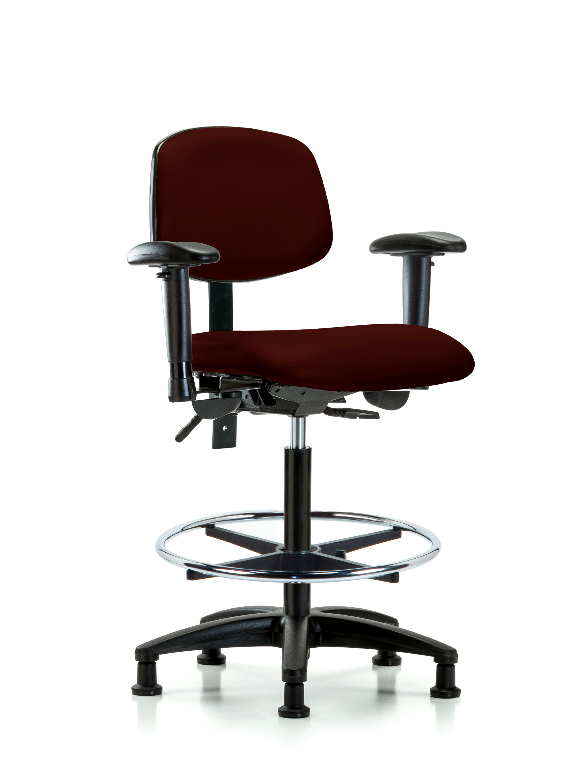 Rutledge Vinyl Chair - High Bench Height with Seat Tilt, Adjustable Arms, Chrome Foot Ring, & Stationary Glides in Burgundy Trailblazer Vinyl
