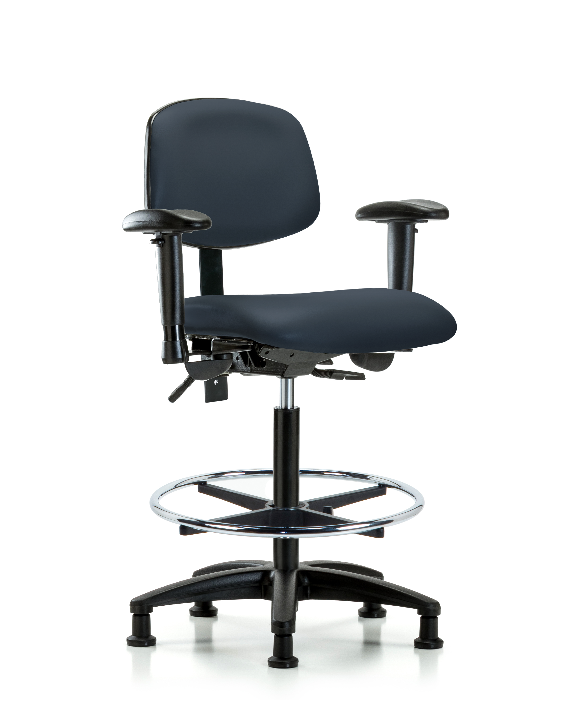 Rutledge Vinyl Chair - High Bench Height with Seat Tilt, Adjustable Arms, Chrome Foot Ring, & Stationary Glides in Imperial Blue Trailblazer Vinyl