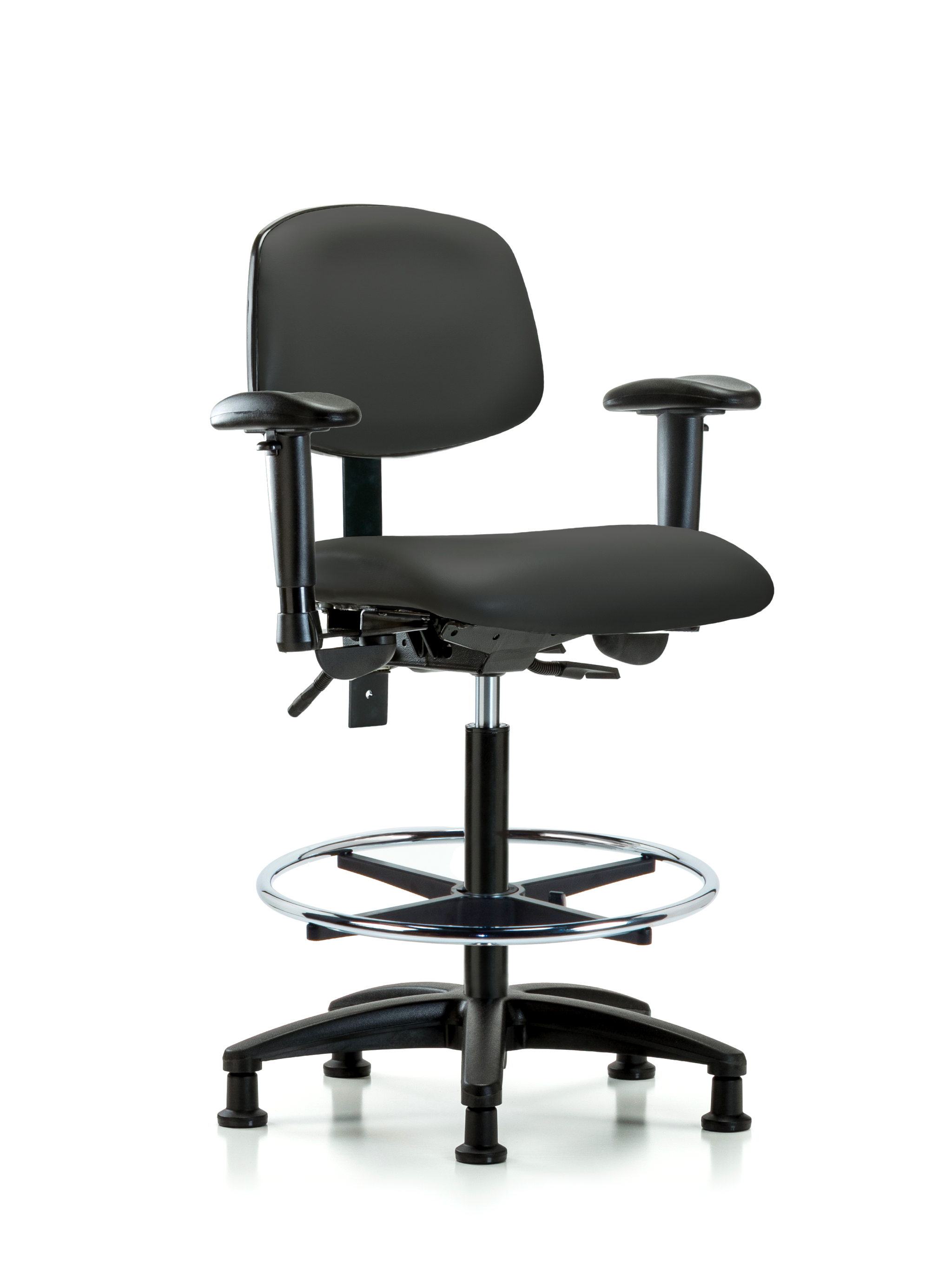 Rutledge Vinyl Chair - High Bench Height with Seat Tilt, Adjustable Arms, Chrome Foot Ring, & Stationary Glides in Charcoal Trailblazer Vinyl