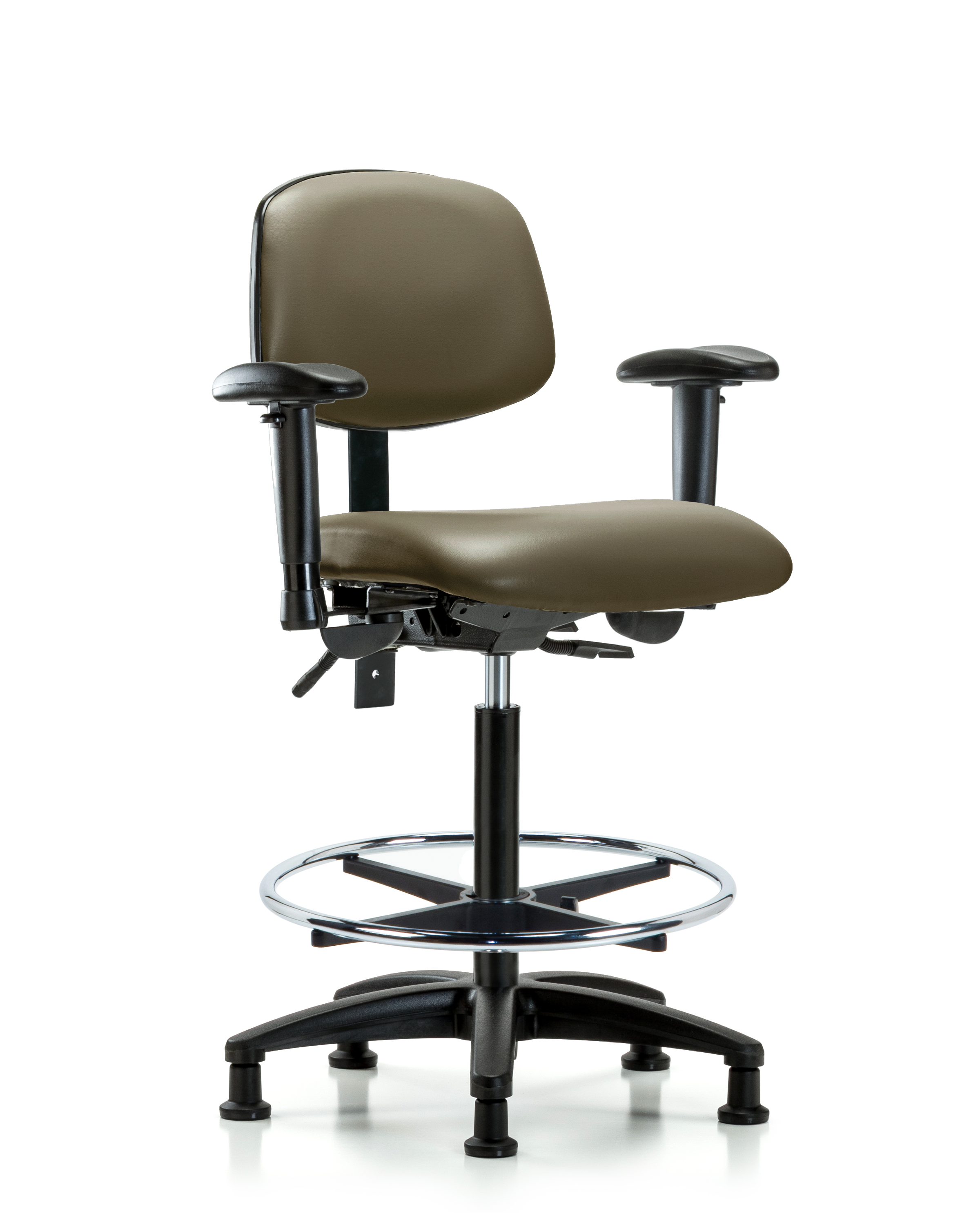 Rutledge Vinyl Chair - High Bench Height with Seat Tilt, Adjustable Arms, Chrome Foot Ring, & Stationary Glides in Taupe Supernova Vinyl
