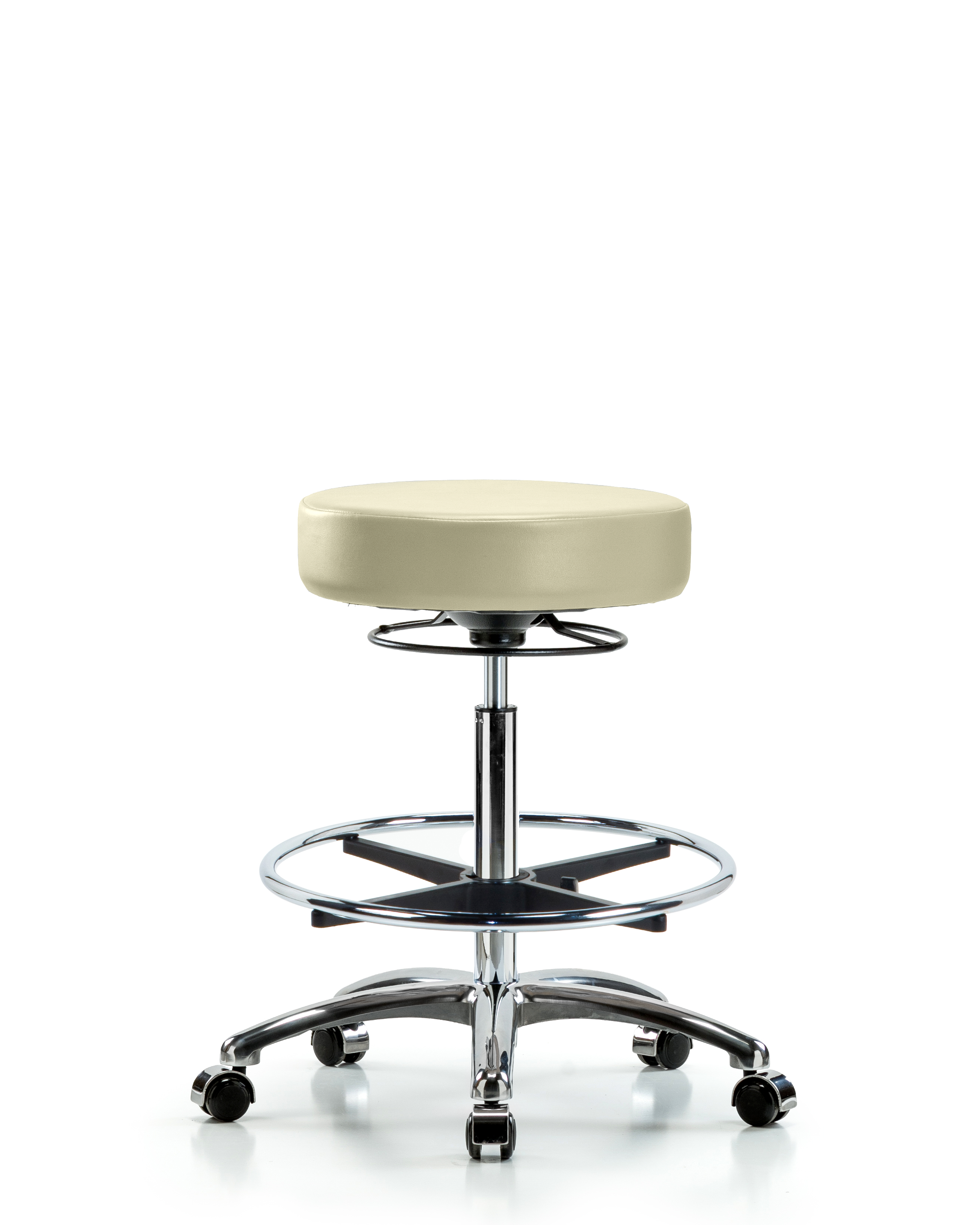 Rutledge Vinyl Stool without Back Chrome - High Bench Height with Chrome Foot Ring & Casters in Adobe White Trailblazer Vinyl
