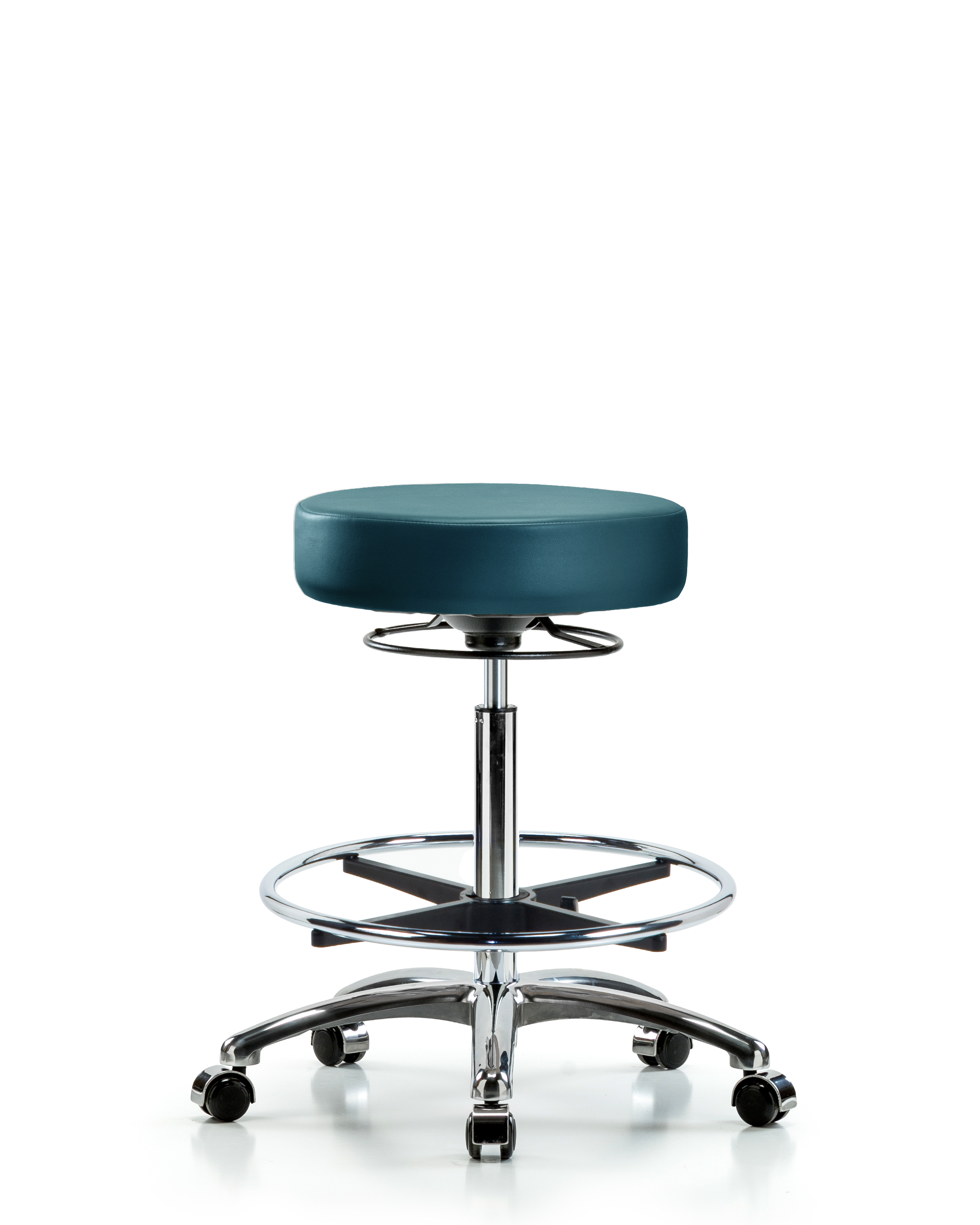 Rutledge Vinyl Stool without Back Chrome - High Bench Height with Chrome Foot Ring & Casters in Marine Blue Supernova Vinyl