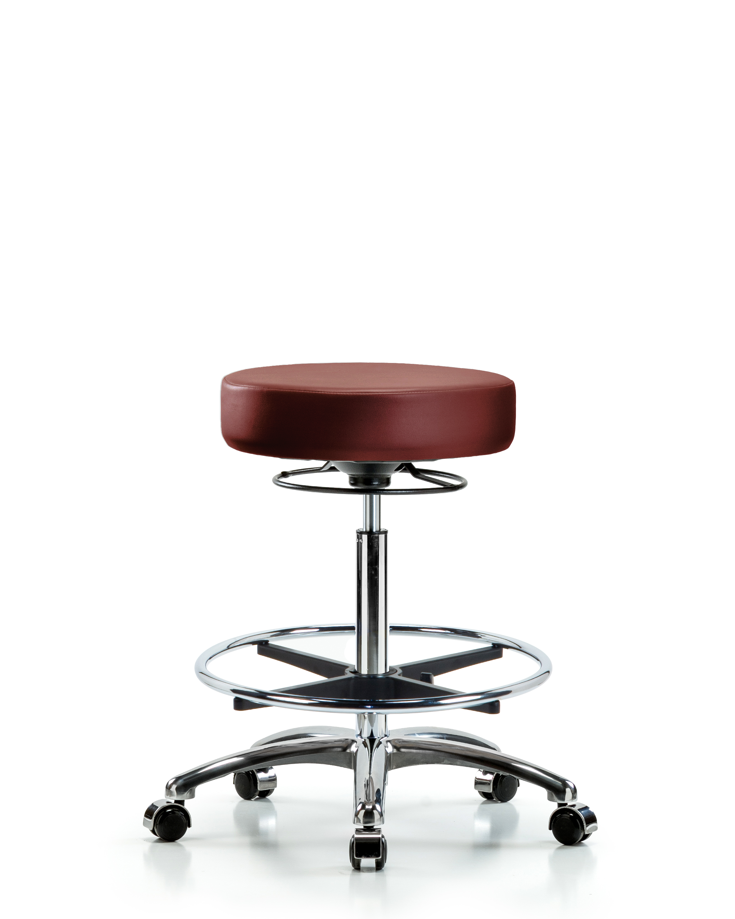 Rutledge Vinyl Stool without Back Chrome - High Bench Height with Chrome Foot Ring & Casters in Borscht Supernova Vinyl