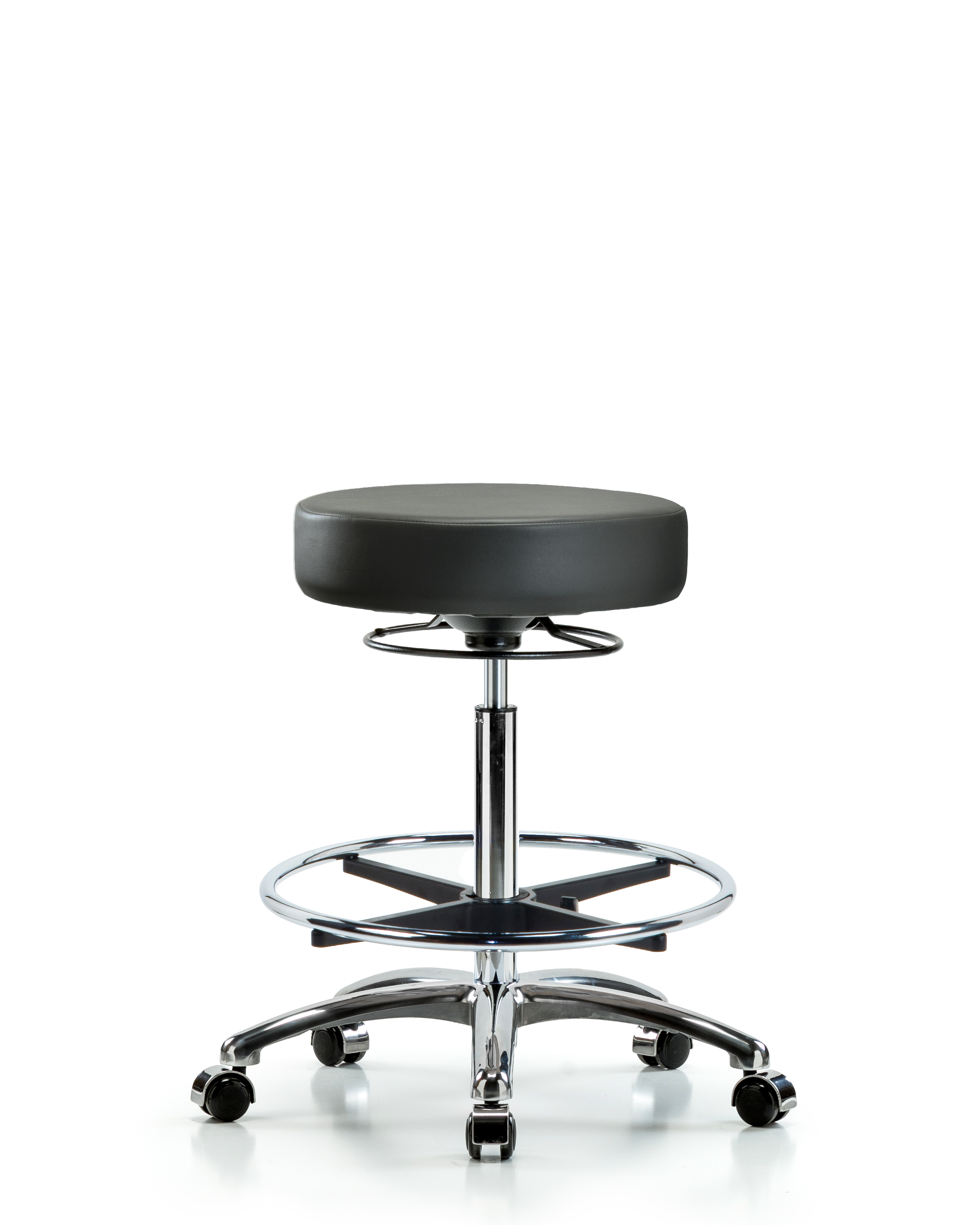 Rutledge Vinyl Stool without Back Chrome - High Bench Height with Chrome Foot Ring & Casters in Carbon Supernova Vinyl