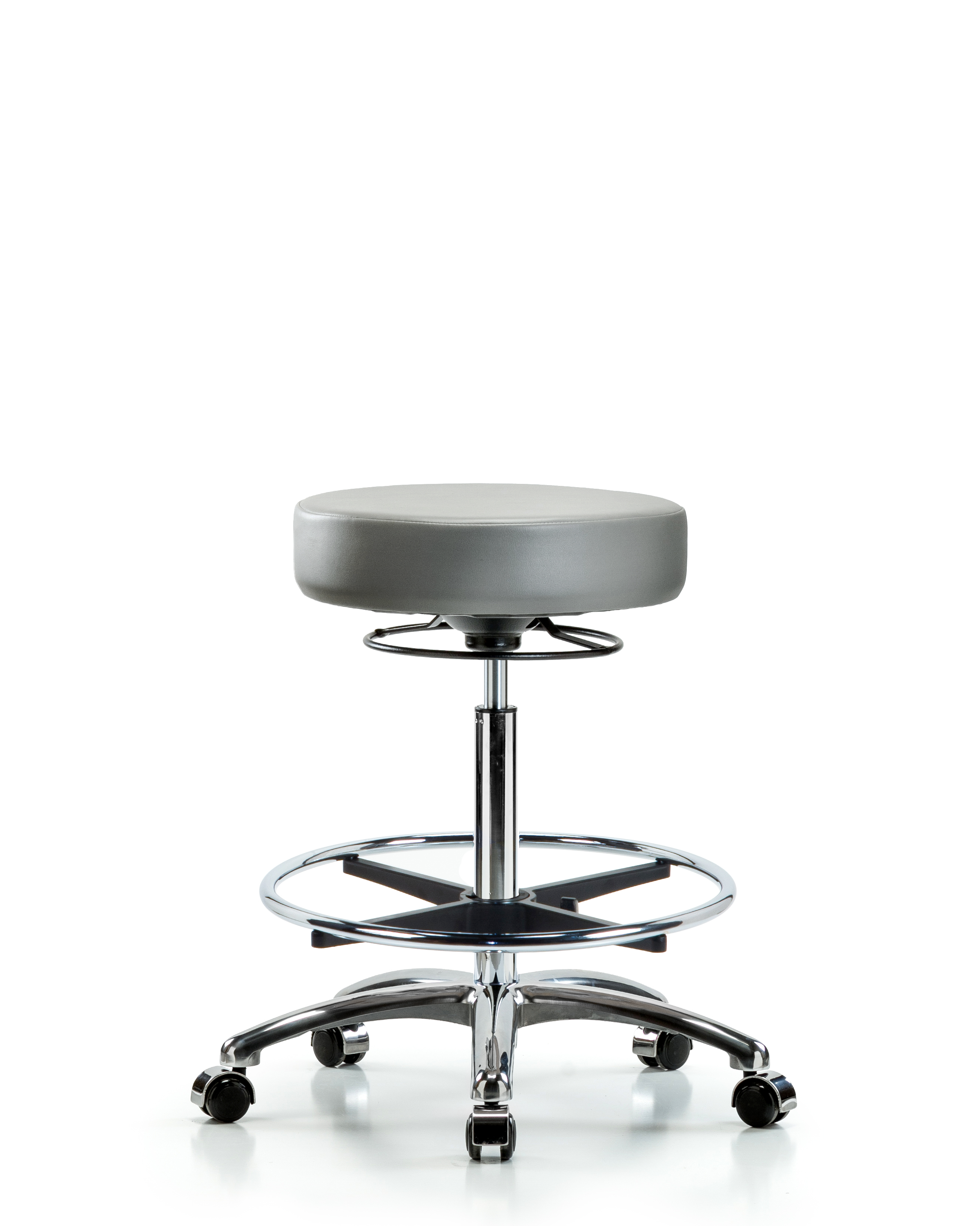 Rutledge Vinyl Stool without Back Chrome - High Bench Height with Chrome Foot Ring & Casters in Sterling Supernova Vinyl