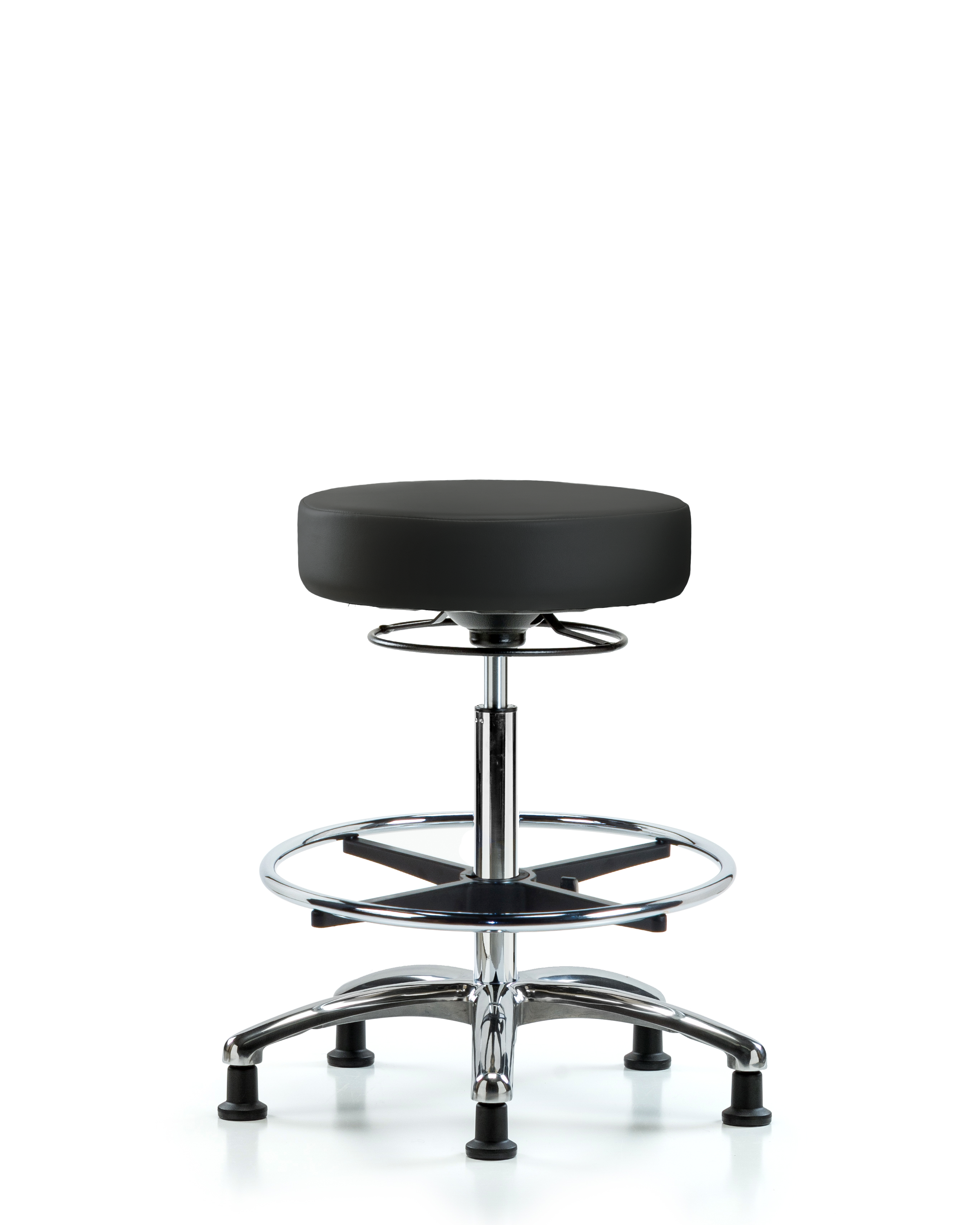 Rutledge Vinyl Stool without Back Chrome - High Bench Height with Chrome Foot Ring & Stationary Glides in Black Trailblazer Vinyl