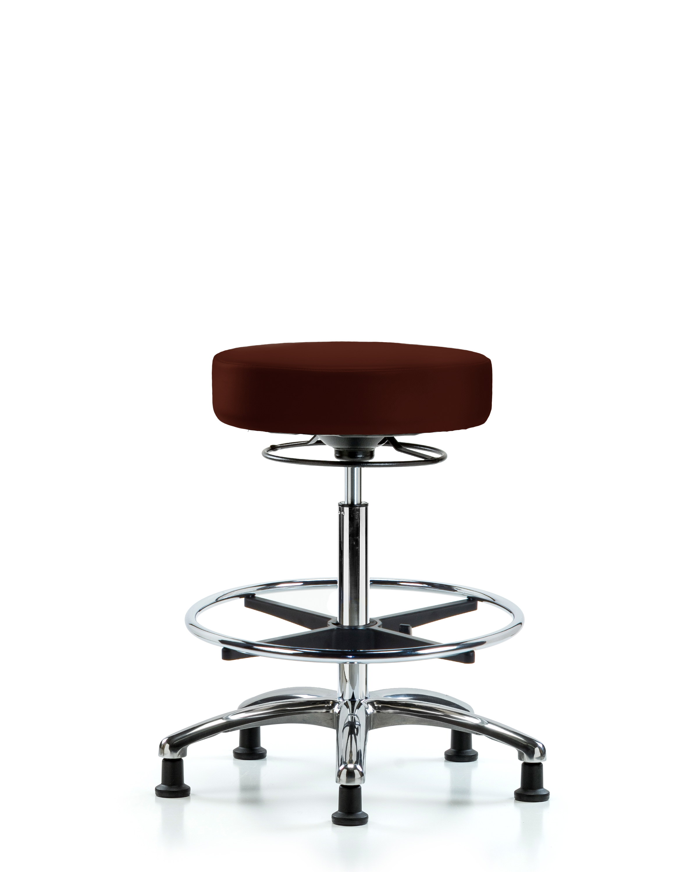 Rutledge Vinyl Stool without Back Chrome - High Bench Height with Chrome Foot Ring & Stationary Glides in Burgundy Trailblazer Vinyl