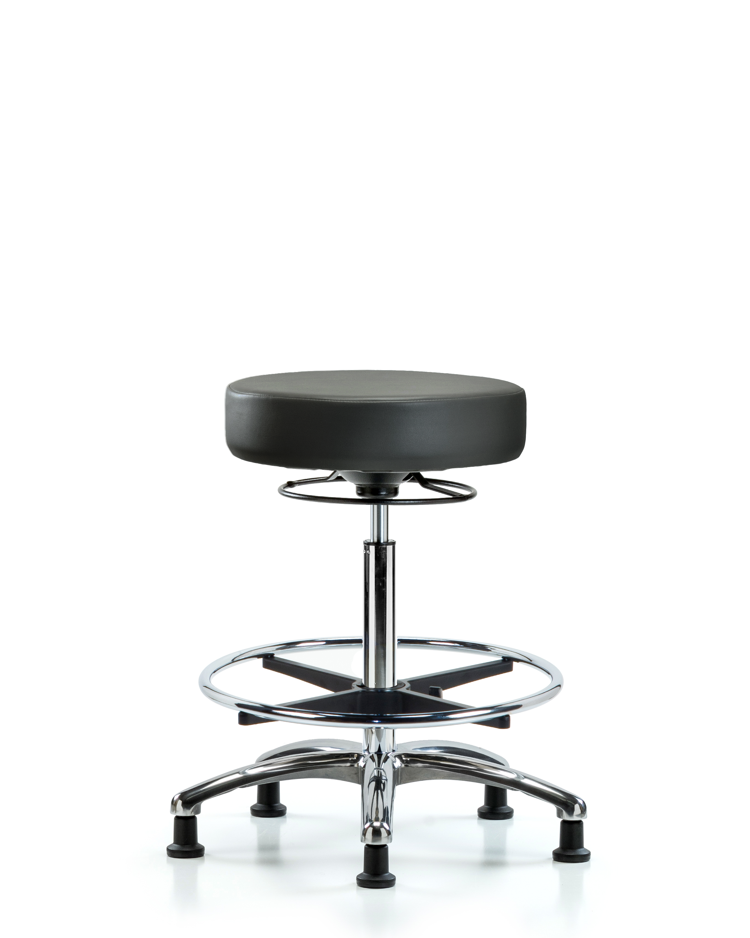 Rutledge Vinyl Stool without Back Chrome - High Bench Height with Chrome Foot Ring & Stationary Glides in Carbon Supernova Vinyl