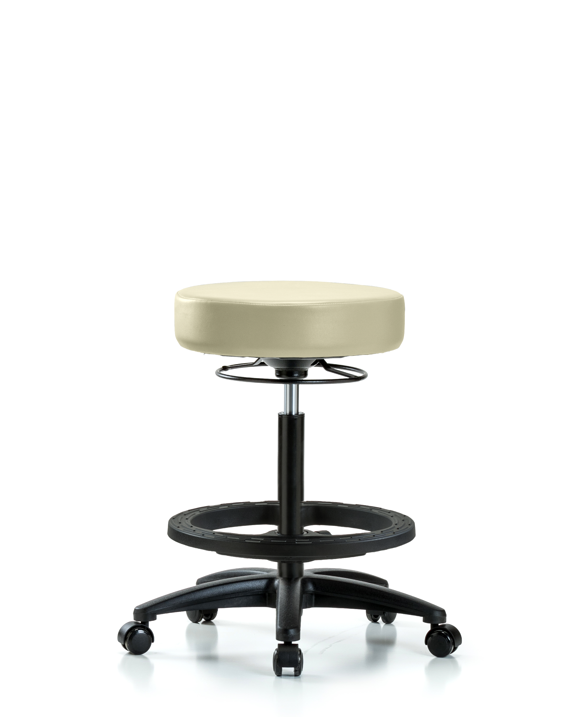 Rutledge Vinyl Stool without Back - High Bench Height with Black Foot Ring & Casters in Adobe White Trailblazer Vinyl