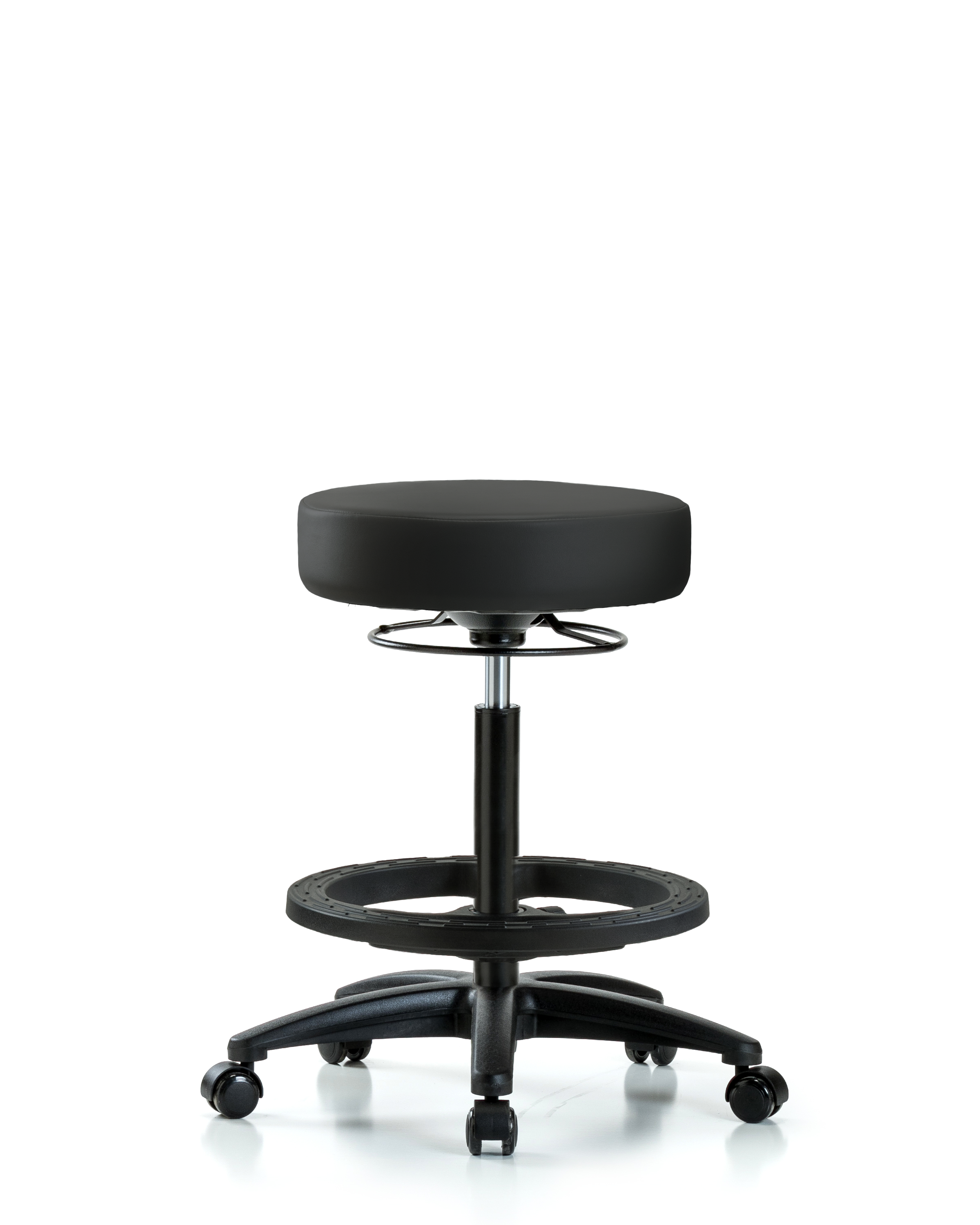 Rutledge Vinyl Stool without Back - High Bench Height with Black Foot Ring & Casters in Black Trailblazer Vinyl