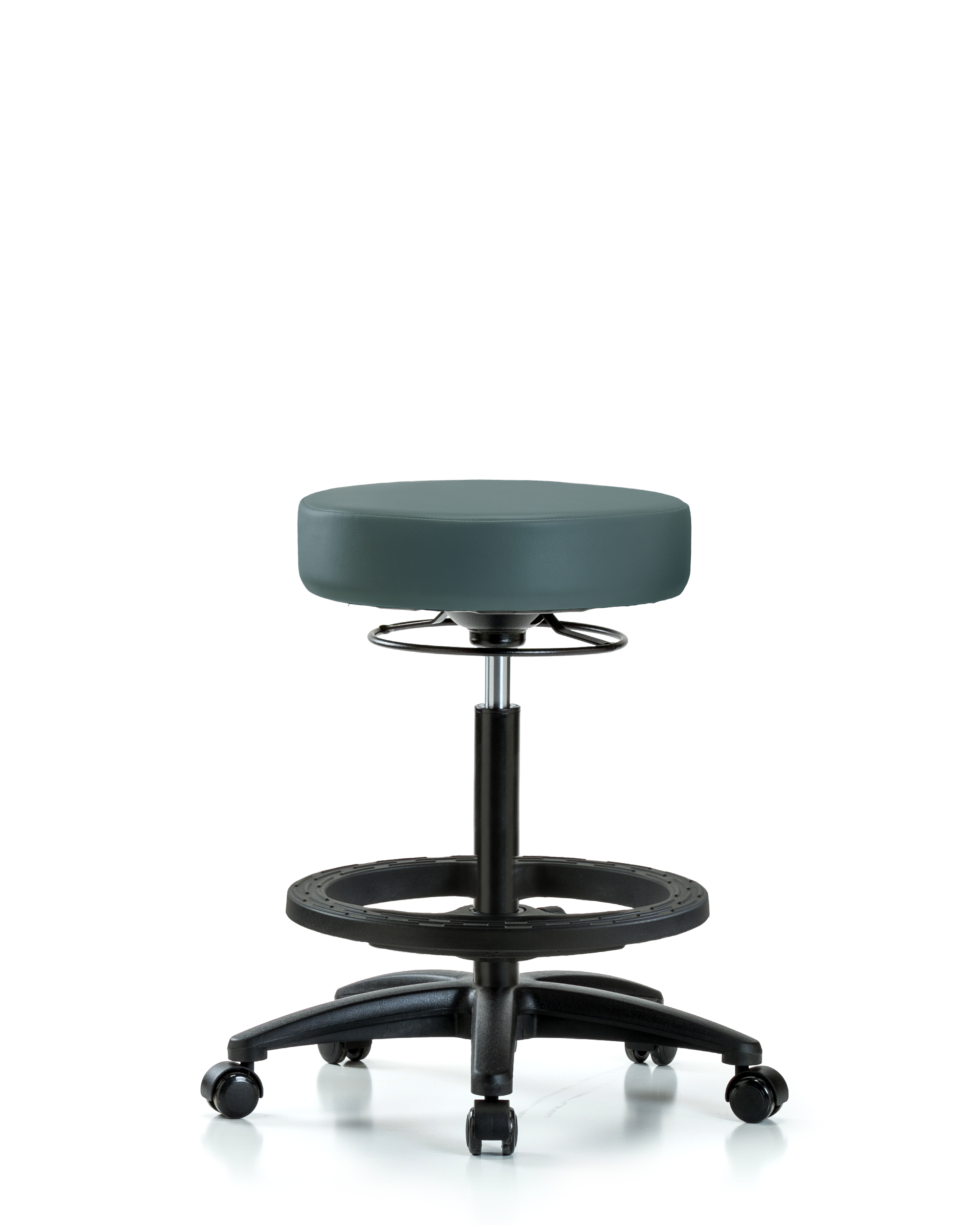 Rutledge Vinyl Stool without Back - High Bench Height with Black Foot Ring & Casters in Colonial Blue Trailblazer Vinyl