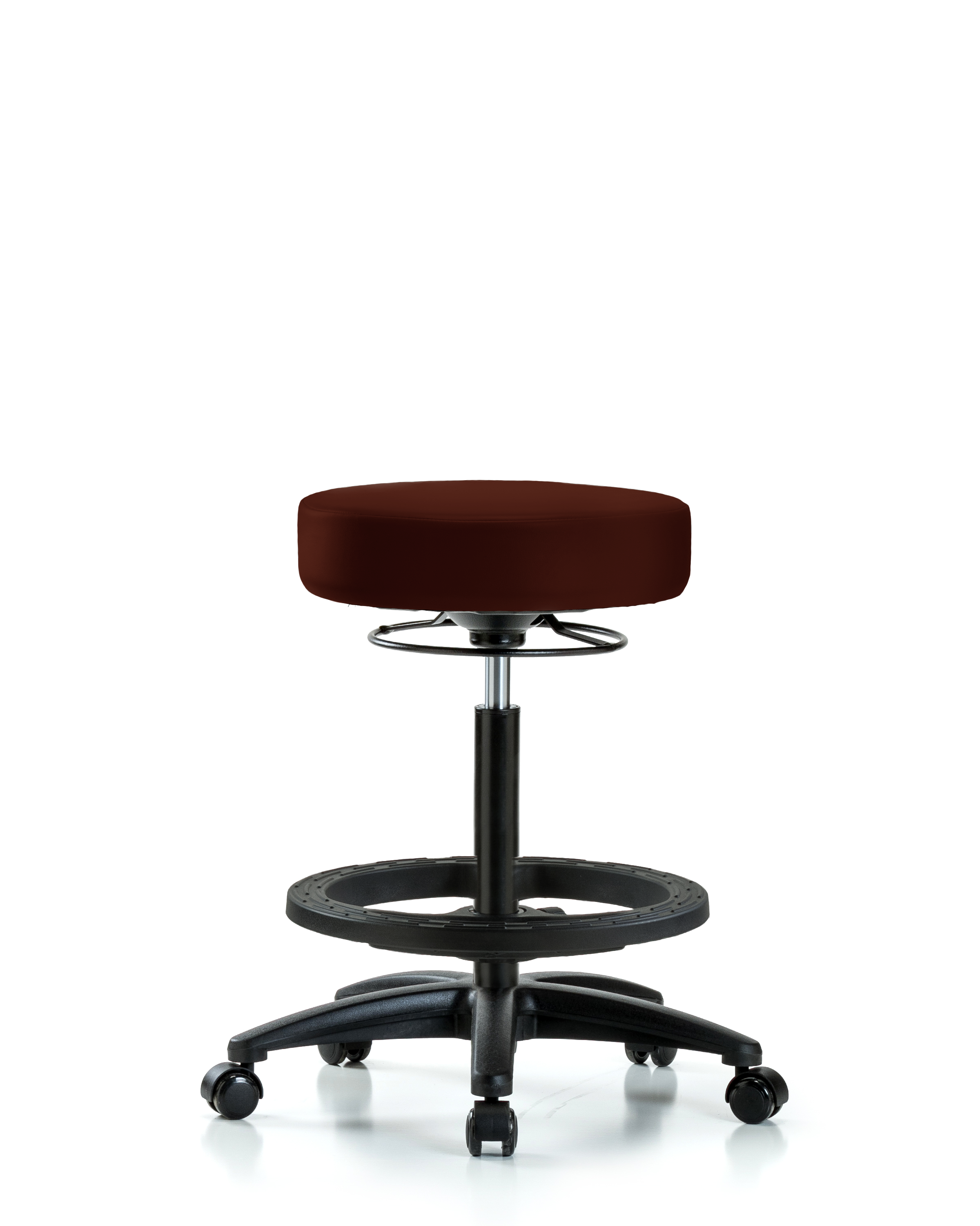 Rutledge Vinyl Stool without Back - High Bench Height with Black Foot Ring & Casters in Burgundy Trailblazer Vinyl