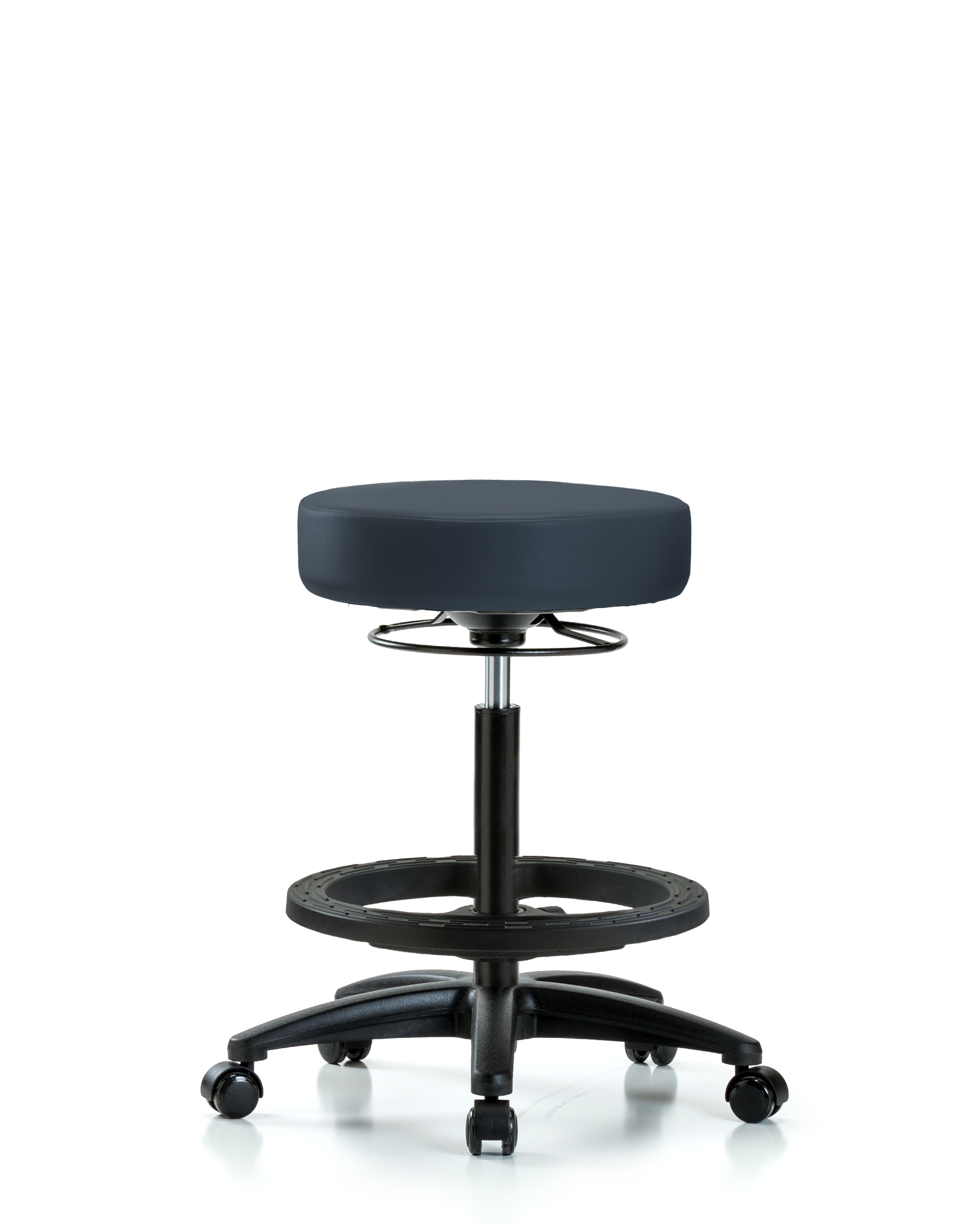 Rutledge Vinyl Stool without Back - High Bench Height with Black Foot Ring & Casters in Imperial Blue Trailblazer Vinyl