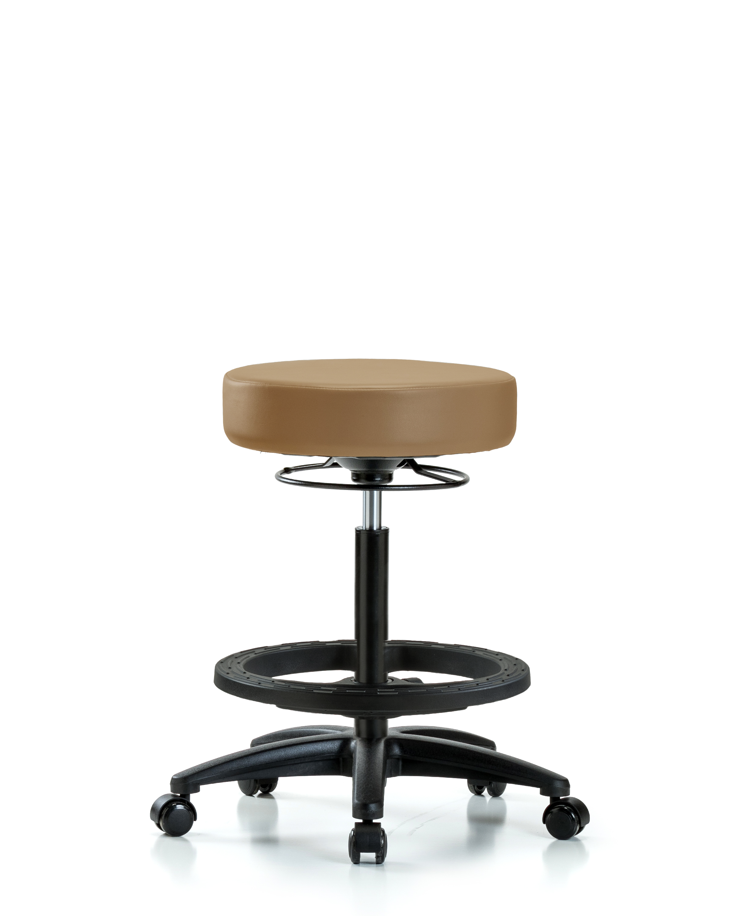 Rutledge Vinyl Stool without Back - High Bench Height with Black Foot Ring & Casters in Taupe Trailblazer Vinyl