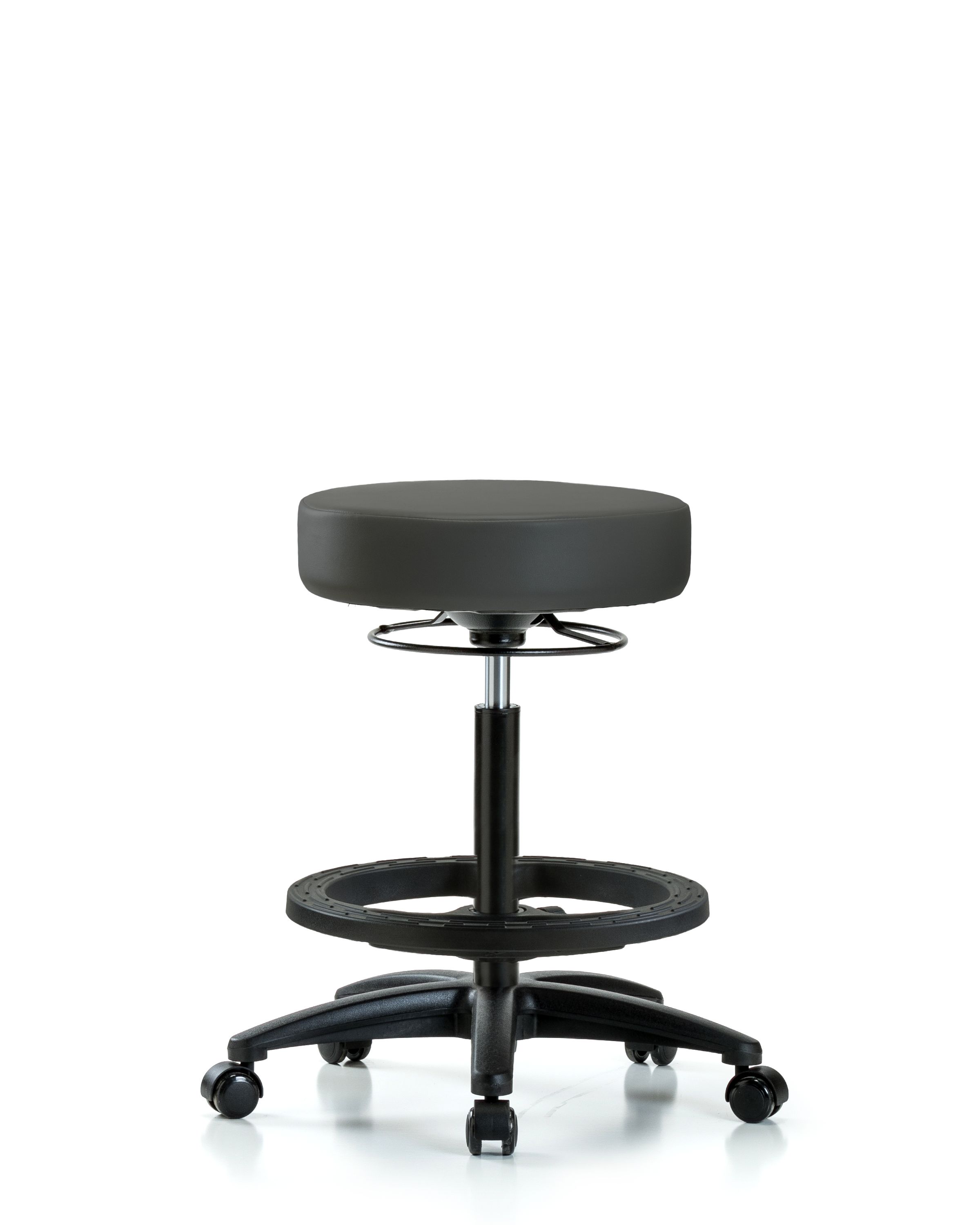 Rutledge Vinyl Stool without Back - High Bench Height with Black Foot Ring & Casters in Charcoal Trailblazer Vinyl