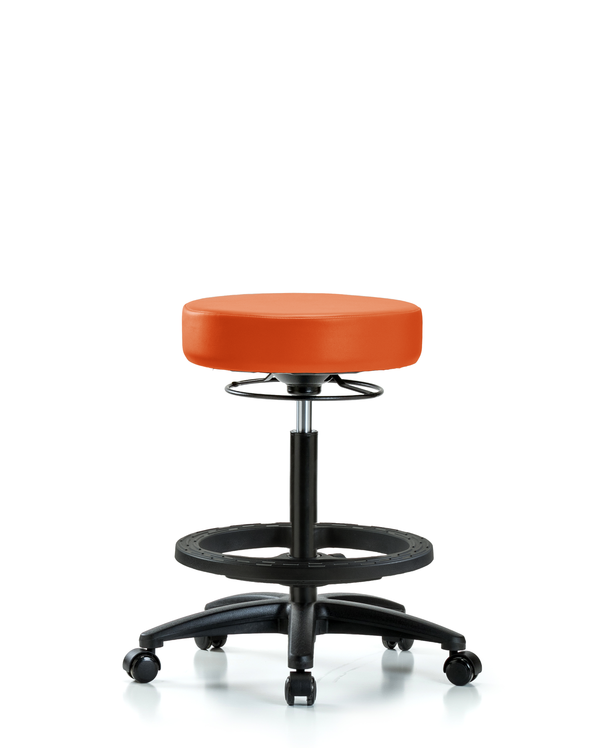 Rutledge Vinyl Stool without Back - High Bench Height with Black Foot Ring & Casters in Orange Kist Trailblazer Vinyl