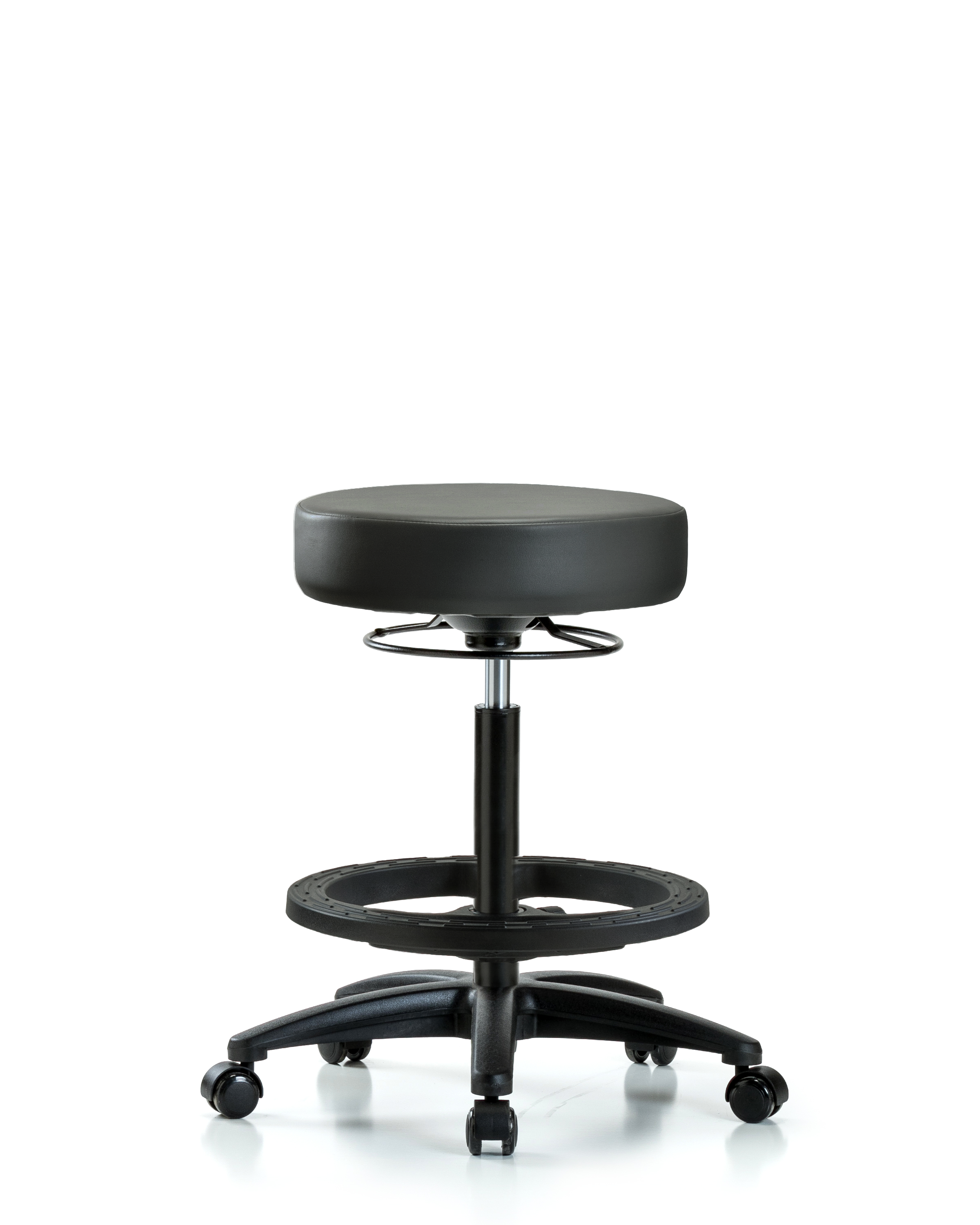 Rutledge Vinyl Stool without Back - High Bench Height with Black Foot Ring & Casters in Carbon Supernova Vinyl