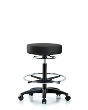 Rutledge Vinyl Stool without Back - High Bench Height with Chrome Foot Ring & Casters in Black Trailblazer Vinyl