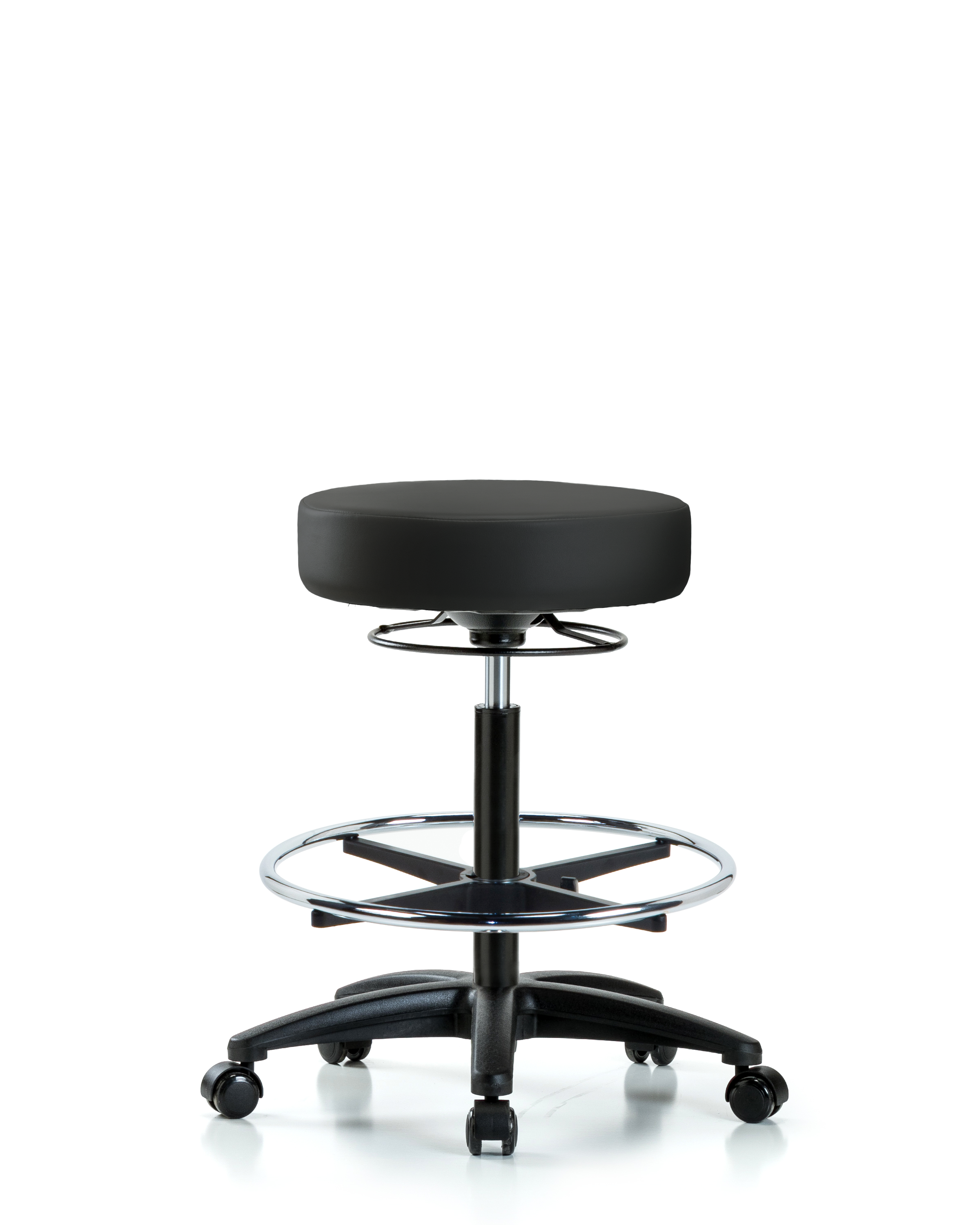 Rutledge Vinyl Stool without Back - High Bench Height with Chrome Foot Ring & Casters in Black Trailblazer Vinyl