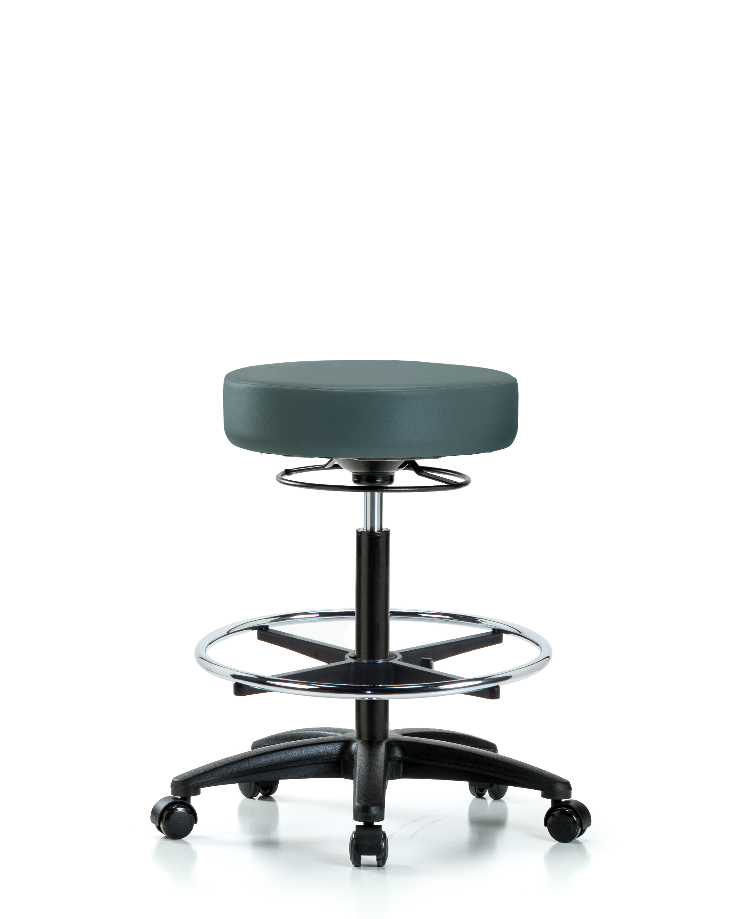 Rutledge Vinyl Stool without Back - High Bench Height with Chrome Foot Ring & Casters in Colonial Blue Trailblazer Vinyl