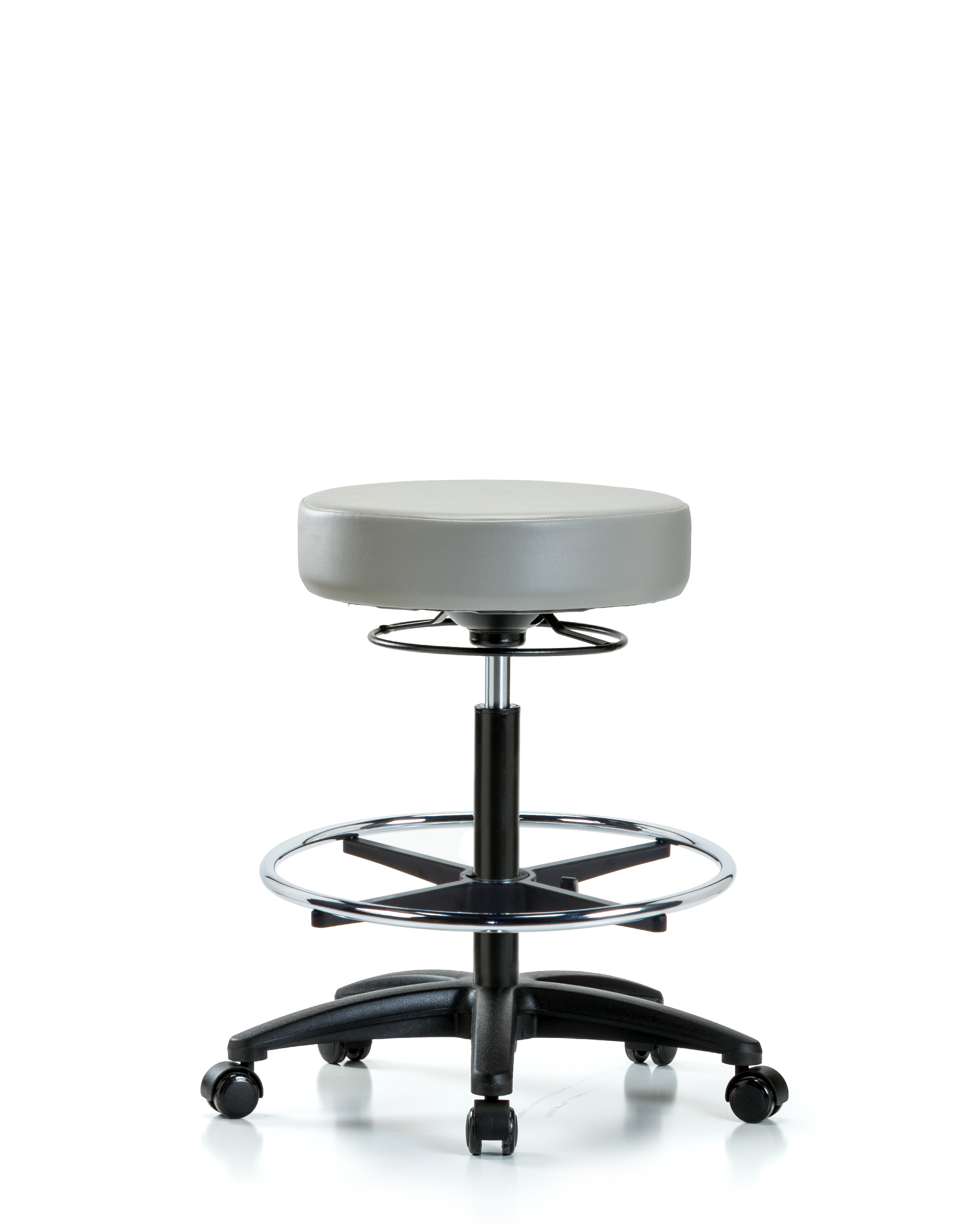 Rutledge Vinyl Stool without Back - High Bench Height with Chrome Foot Ring & Casters in Dove Trailblazer Vinyl